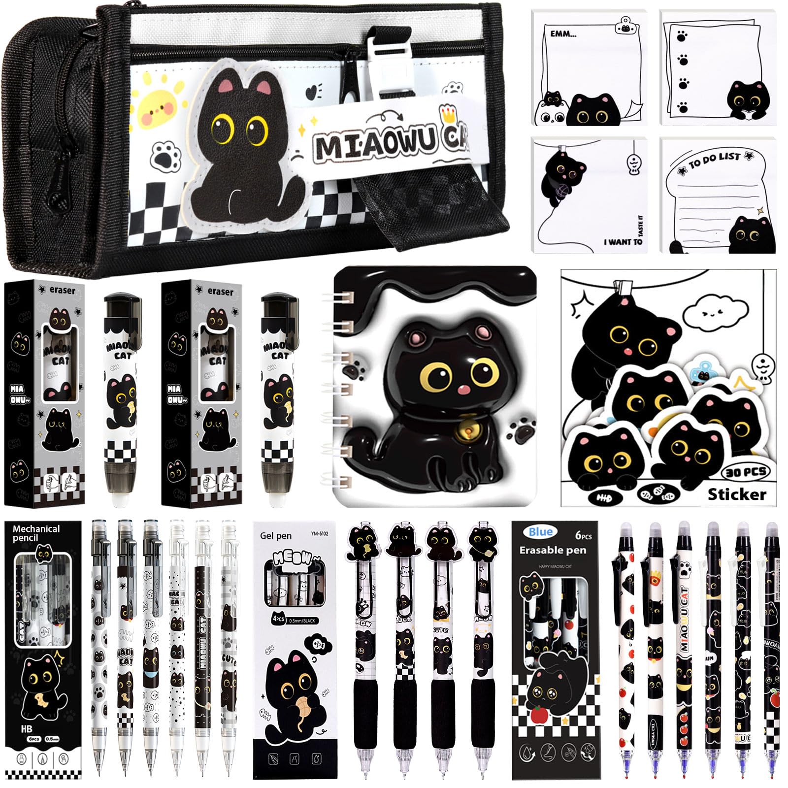 Black Cute Cat Stationery Set Cat School Supplies Including Sticky Notes,Mechanical Pencils,Eraser,Notebook,Stickers etc Kawaii Birthday Gifts