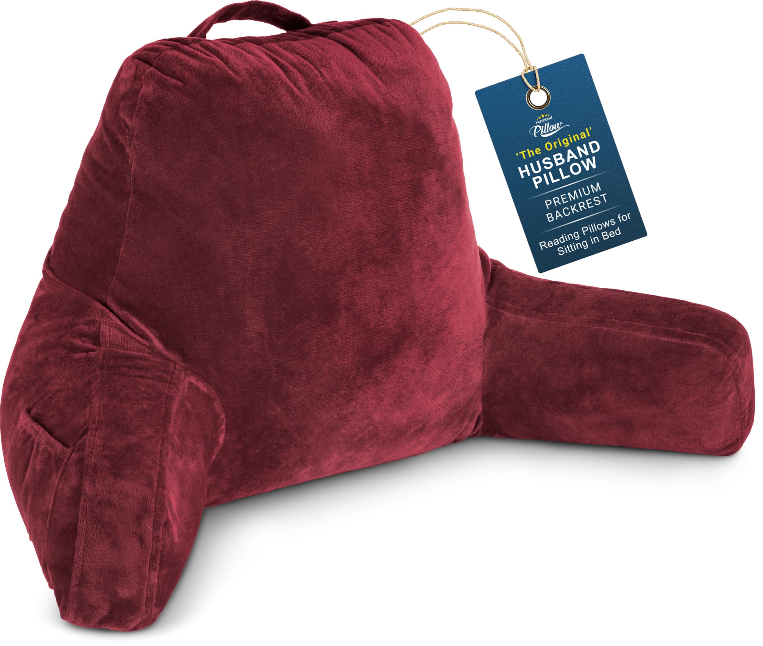 Husband Pillow Maroon, Original Reading Pillow in Bed Rest Chair, Shredded Memory Foam Large Lounge Cushion Adult Backrest with Arms, Comfy Back