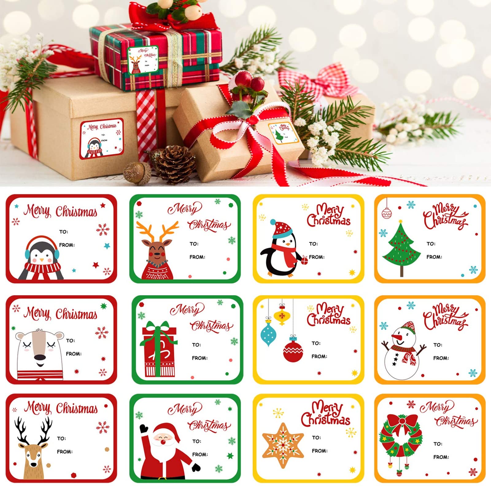 120 Étiquettes Autocollantes Noël - To/From - Père Noël Et Bonhomme De Neige - 7,5x6 Cm