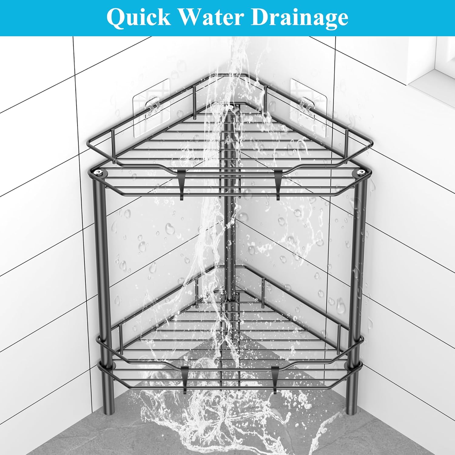 2 Tier Floor Standing Corner Shower Caddy Organizer Shelf with Hooks, Bathroom Shelves Stand Rack, Black