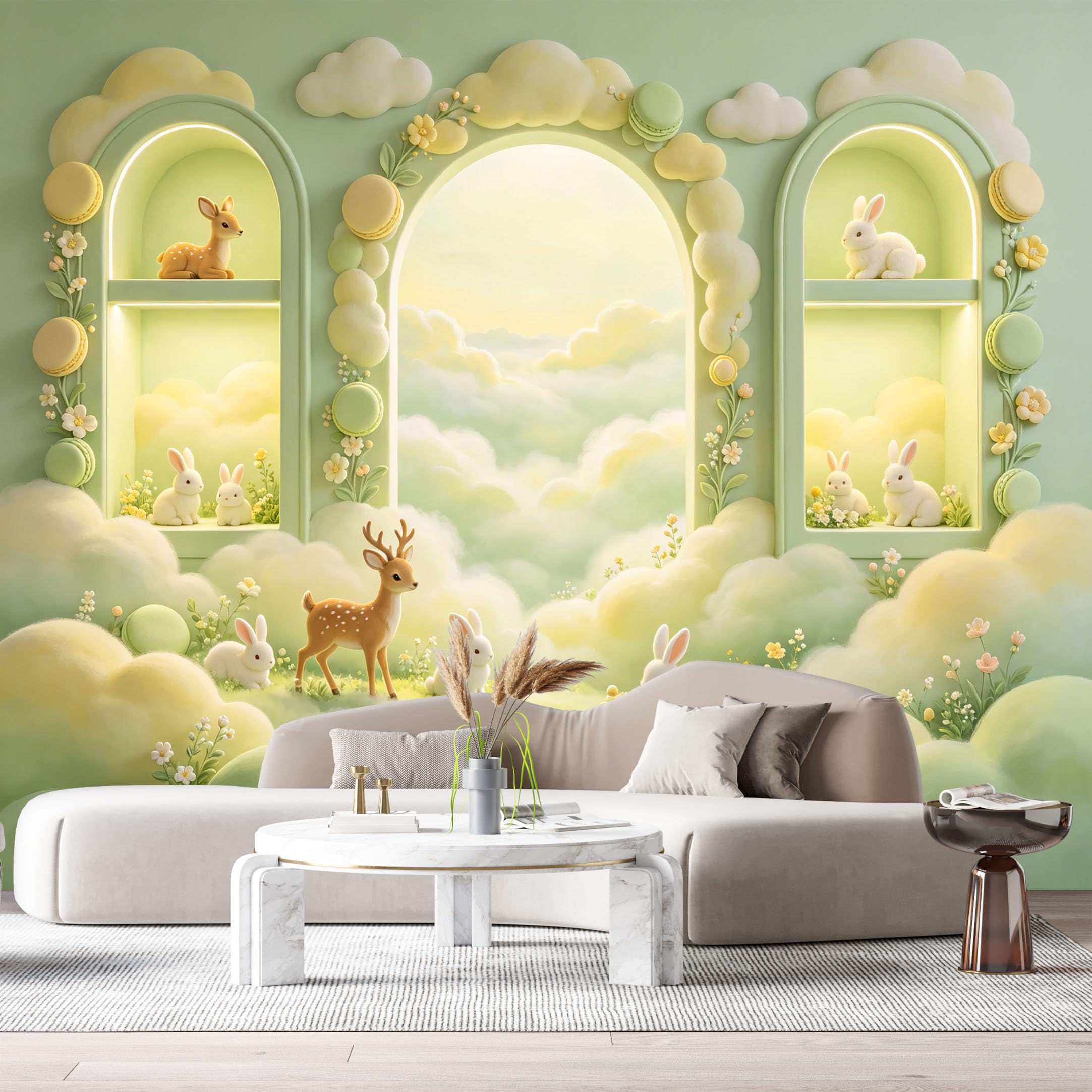 Custom Size Wall Murals Soft Pastel Clouds Deer Rabbits 3D Trompe L'Oeil SelfAdhesiveWall Fabric Removable Wallpaper Wall Decor for Living Room Bedroom Bathroom