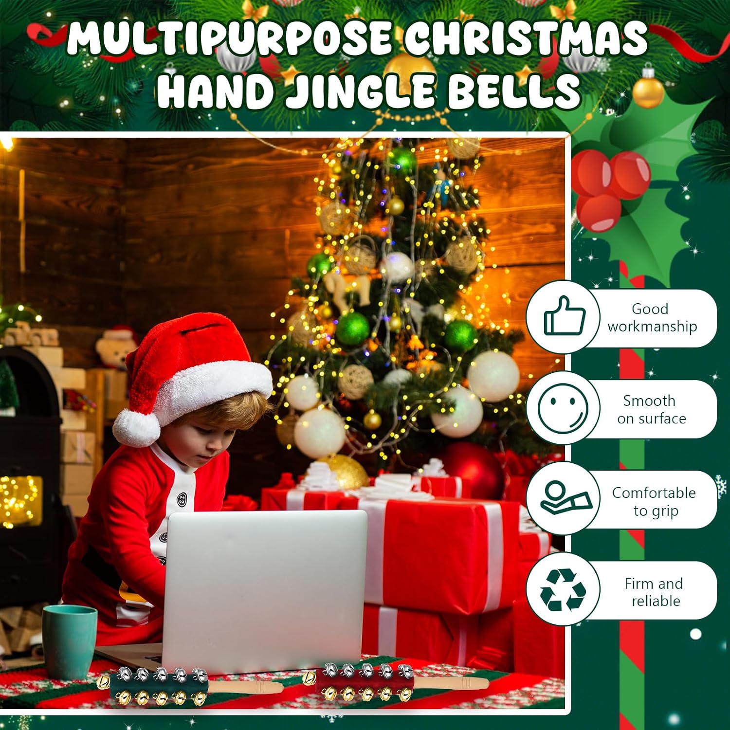 2 Pcs Christmas Hand Jingle Bells Wooden Handhold Sleigh Bells Jingle Bells Stick Shaker Musical Percussion Instrument for Christmas Party Favors Birthday Gifts Children Toys (Red and Green) image 3