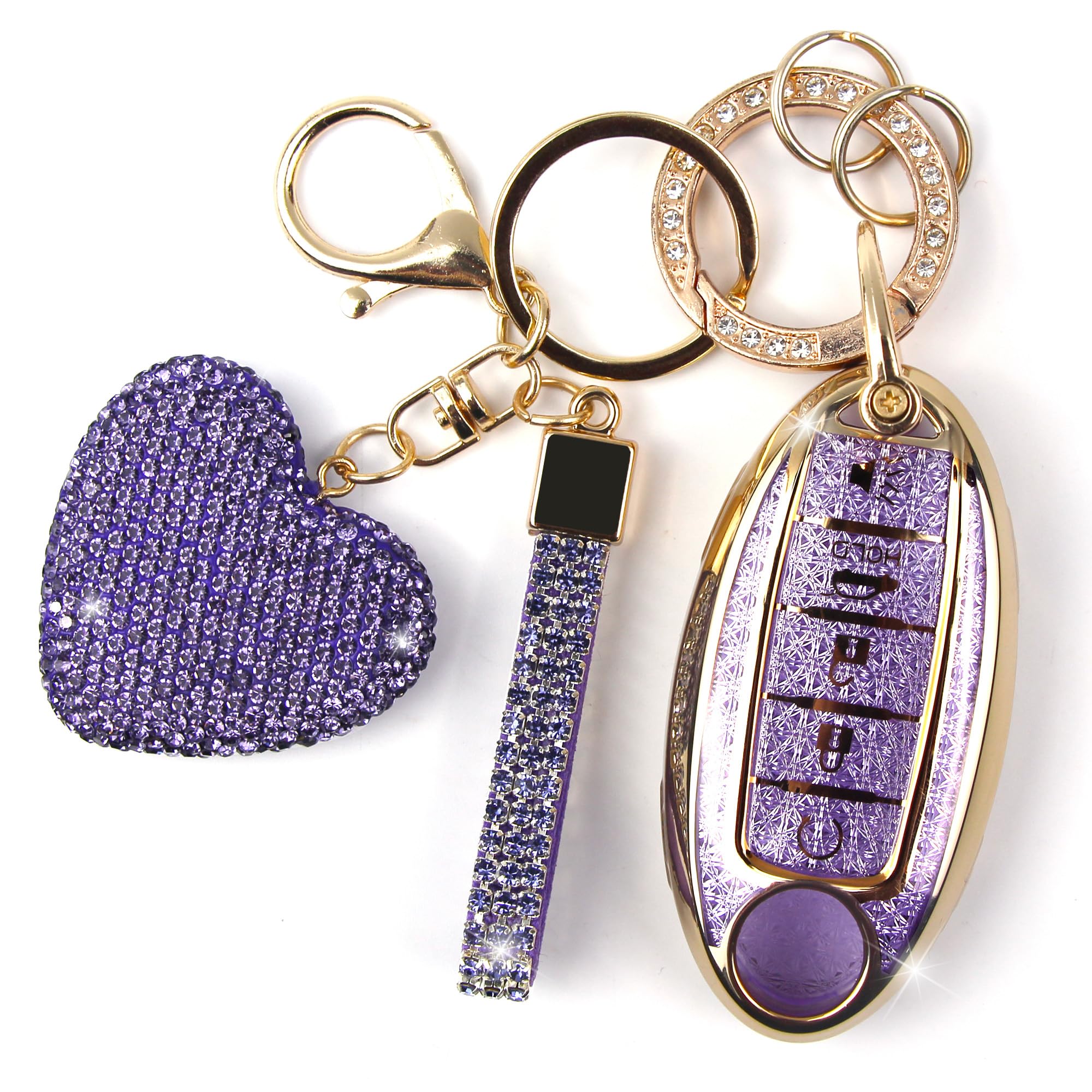 Key Fob Cover with Diamond Keychain, Car Key Holder Compatible with Nissan Altima Rogue Sentra Pathfinder Frontier Maxima Titan Murano Kicks Juke Versa Armada GTR 5 Buttons, (Purple-Heart)