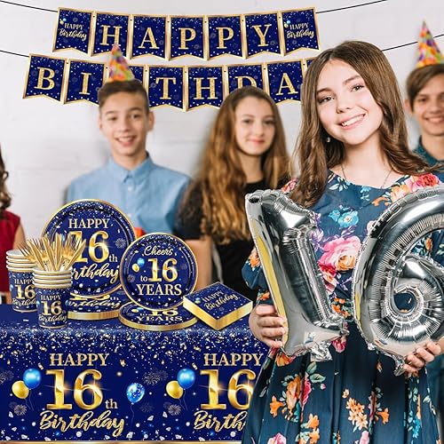 Miniatura 2 de Decoración de cumpleaños número 16 para hombre, juego de vajilla de cumpleaños azul marino y dorado (reserva para 20) incluye platos de feliz