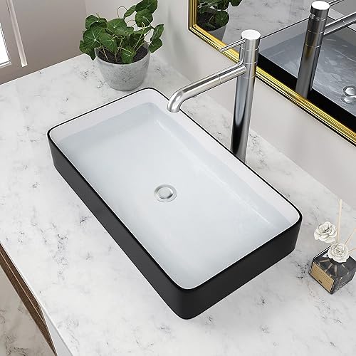 Beslend - Fregadero de baño de porcelana de cerámica rectangular de 24 x 14 pulgadas sobre mostrador, lavabo de arte blanco y negro