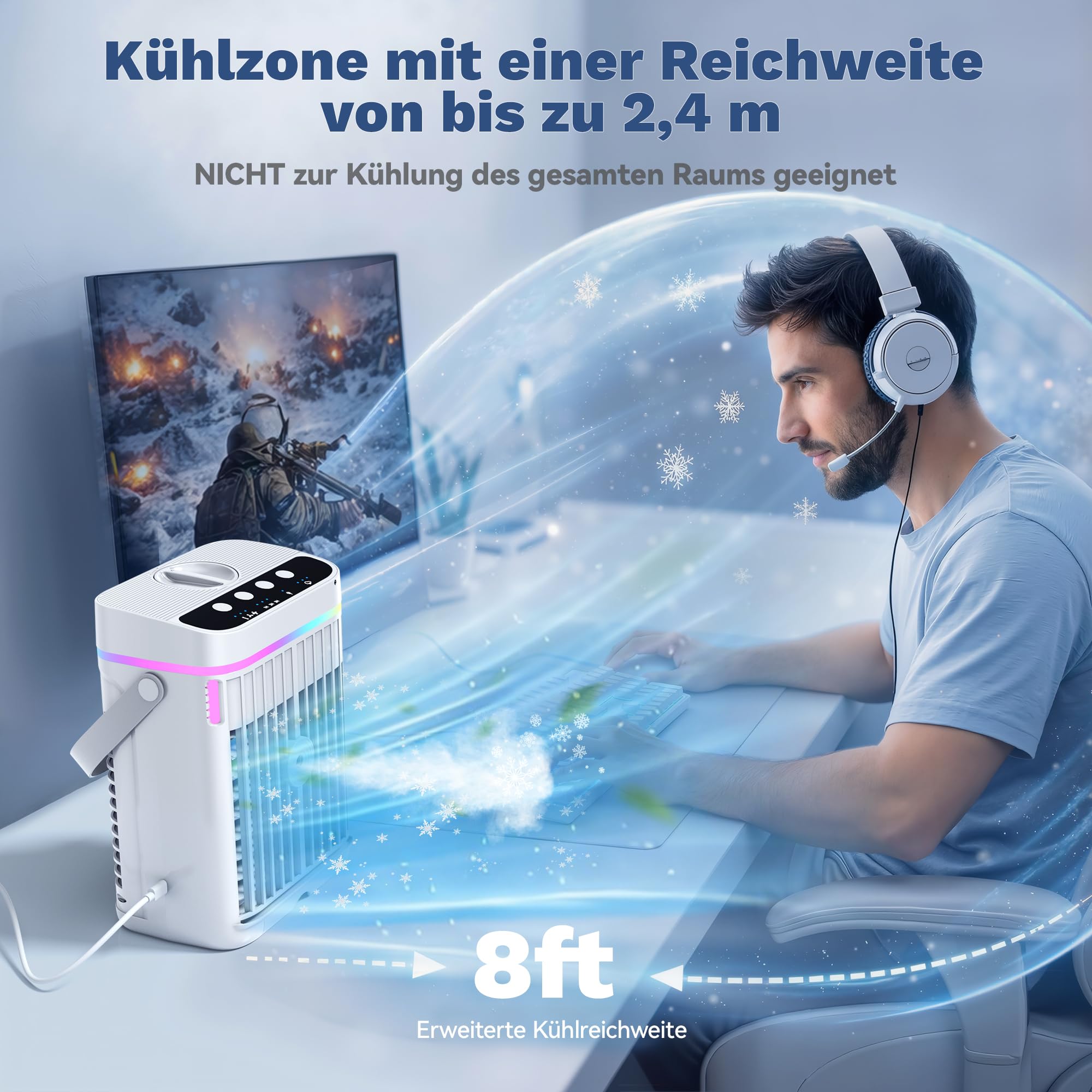 Mobile Klimaanlage 1250 ML, 4 In1 Mini Klimaanlage für Zimmer, Tragbare Mobile Klimagerät mit 1-3 H Timer, 7 Farben, 3 Geschwindigkeiten & 3 Nebelmodi, Leise Mini Luftkühler für Zuhause Büro Reisen