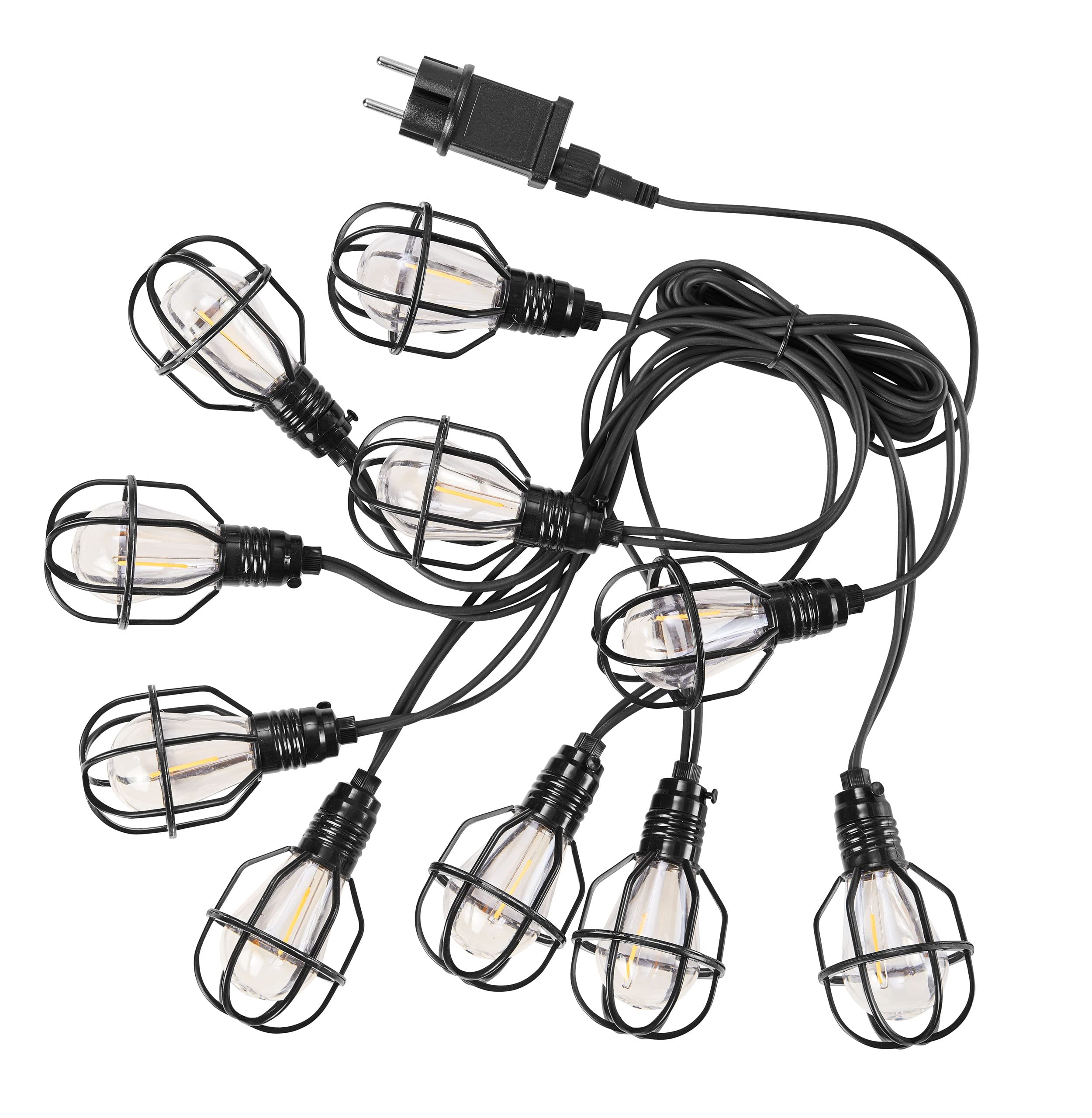 AMARE Catena luminosa industriale per interni ed esterni, 10 lampadari con alloggiamento della lampada nera, cavo da 3 m, IP44 e timer