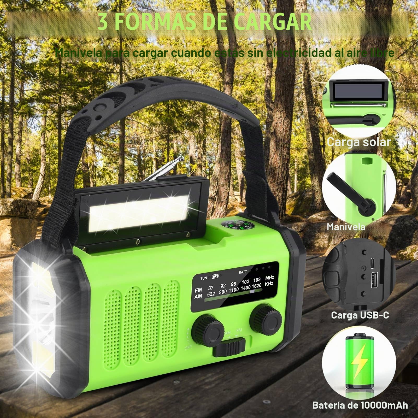 Radio Solar portátil de 10000 mAh, Radio de Emergencia Am/FM con batería Recargable de 10000 mAh, Linterna LED de 3 Modos, lámpara de Lectura LED, Alarma SOS, Dinamo de manivela y Puerto USB para