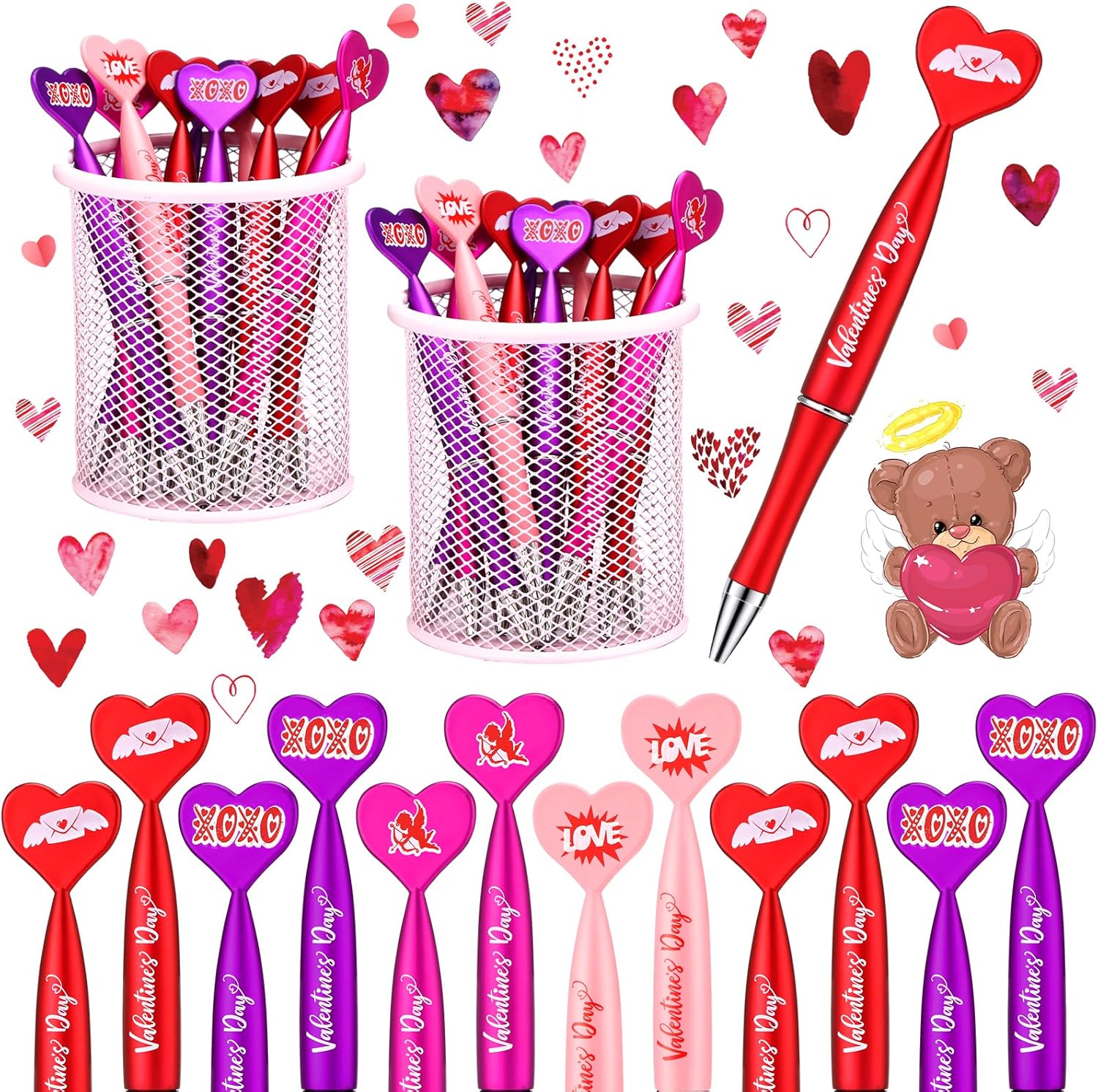 Sherr 72 Pcs Valentine Heart Shaped Pens Bulk 1 mm Black Gel Ink Rollerball Heart Pens for Valentine Exchange Party Favor Supplies