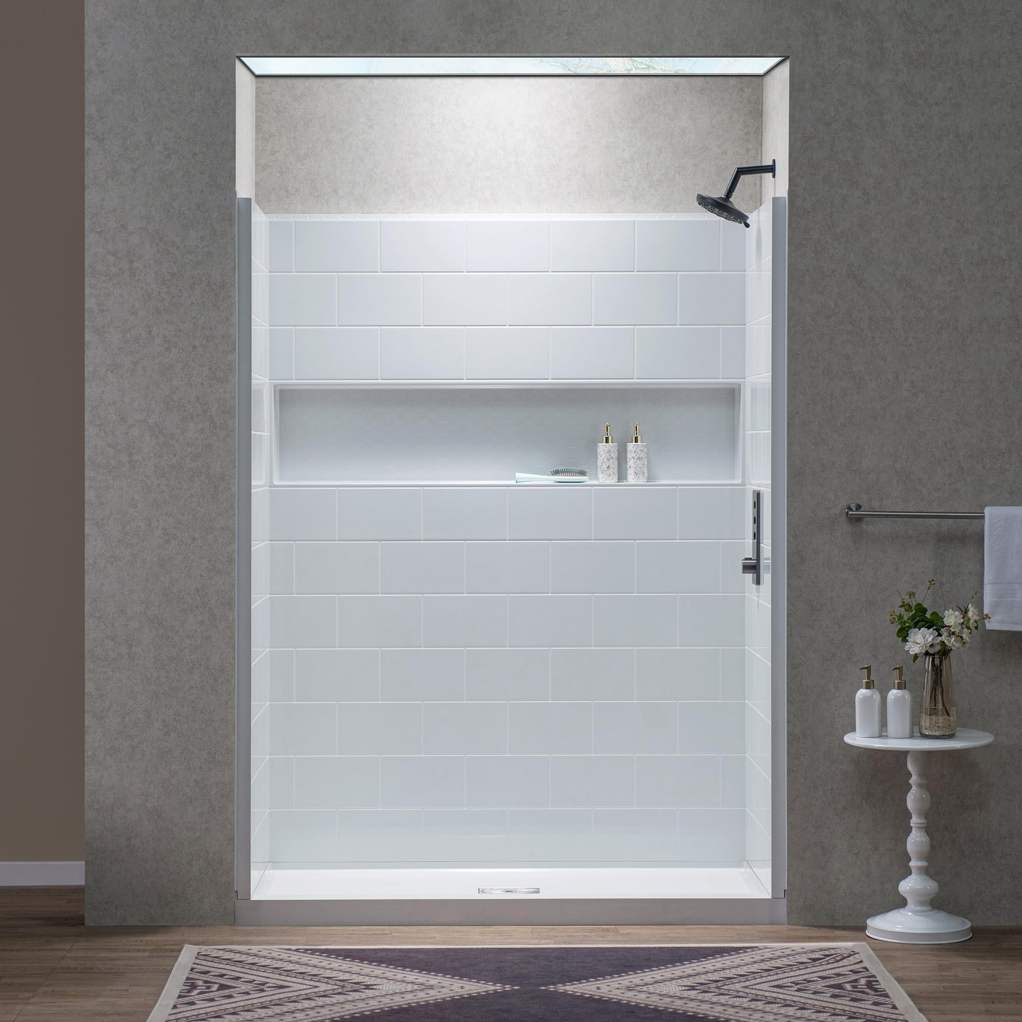 Photo 1 of **MISSING 2 PIECES** WOODBRIDGE 4-Piece Tile-style Shower Wall Panel Surround Kit, 60"W x 32"D, Staggered Brick Pattern, Easy to Install, High Gloss White Finish