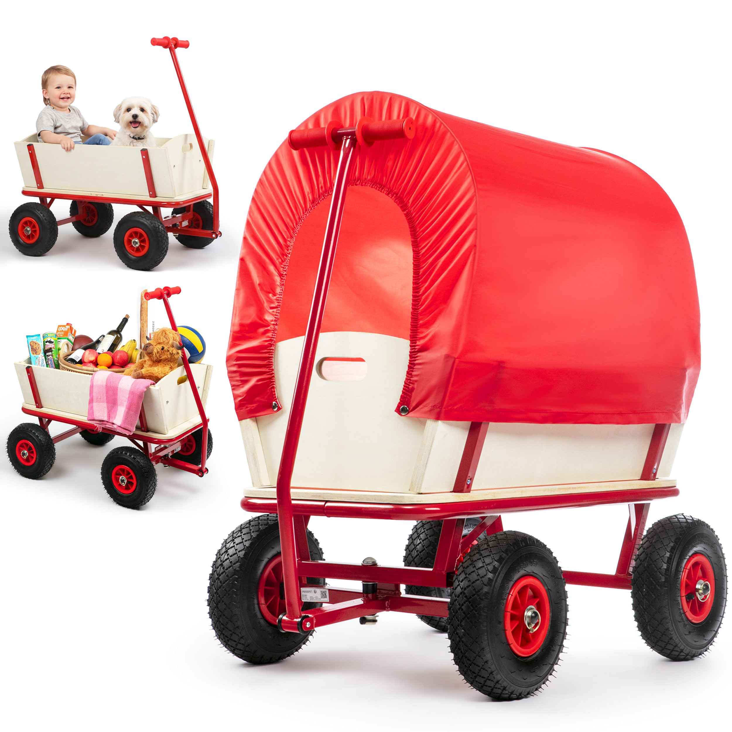 MONZANA® Wooden Garden Trolley Removable Canopy Cover & Pneumatic Tyres, 180 kg Capacity 4 Wheeled Beach Trolley with Inflatable Tyres & Pull Handle, Beach Wagon Pull Along Wagon | Steel Frame | Red