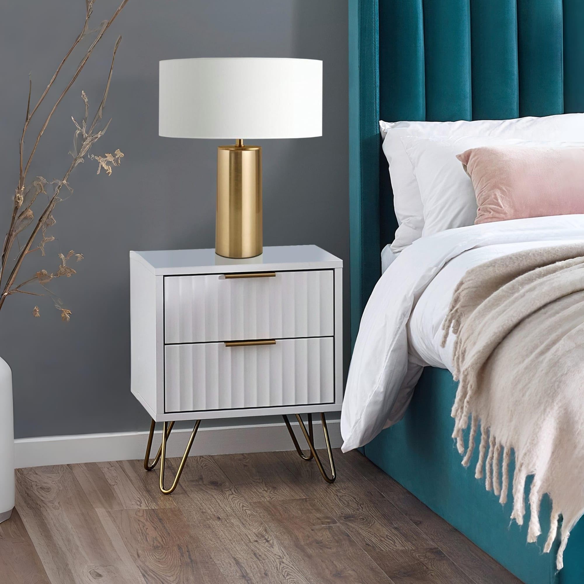 Julian Bowen Murano Bedside Table, 2 Drawer, White - H55 x W45 x D40cm | Contemporary Nightstand for Bedroom, 2 Drawers, Fluted Detailing, Brushed Gold Tapered Legs, Practical Storage End Table