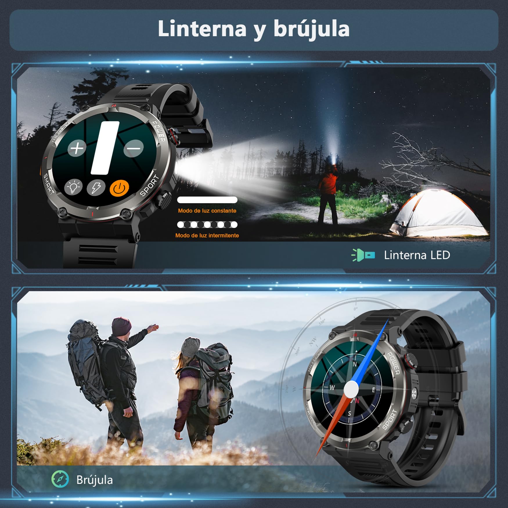 Reloj Inteligente Hombre, W50Pro Smartwatch Hombre con Linterna y Brújula, Smartwatch con Llamadas Bluetooth, Batería Grande de 960 mAh, Monitor Sueño, Podómetro, Pulsera Actividad Impermeable IP68