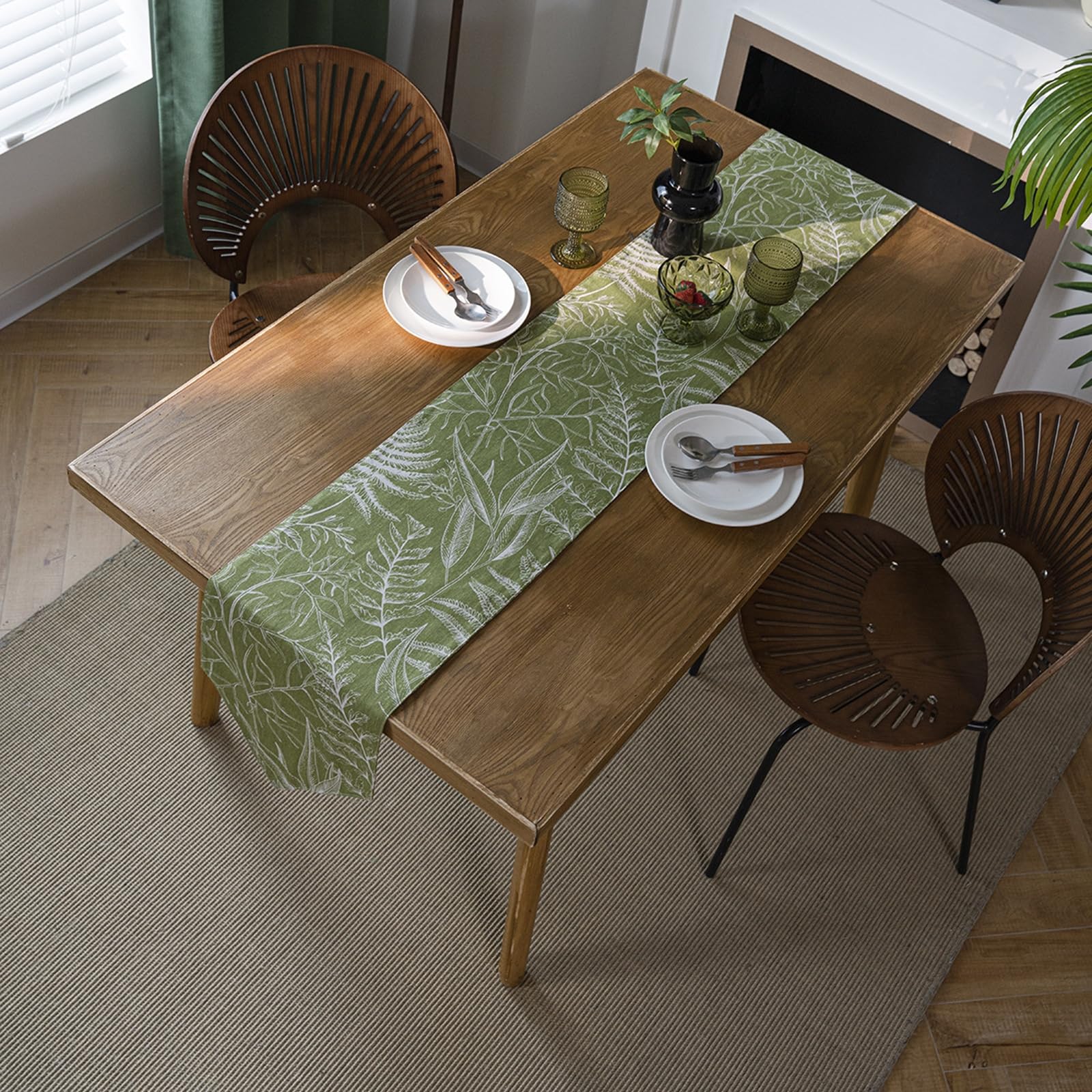 Grün Tischläufer Baumwolle Leinen, Deko Tischläufer Abwaschbar Tischband Ahornblätter Muster Tischdecke für Esszimmer Hochzeit Party Weihnachten Dekoration, 30x220 cm, Grün