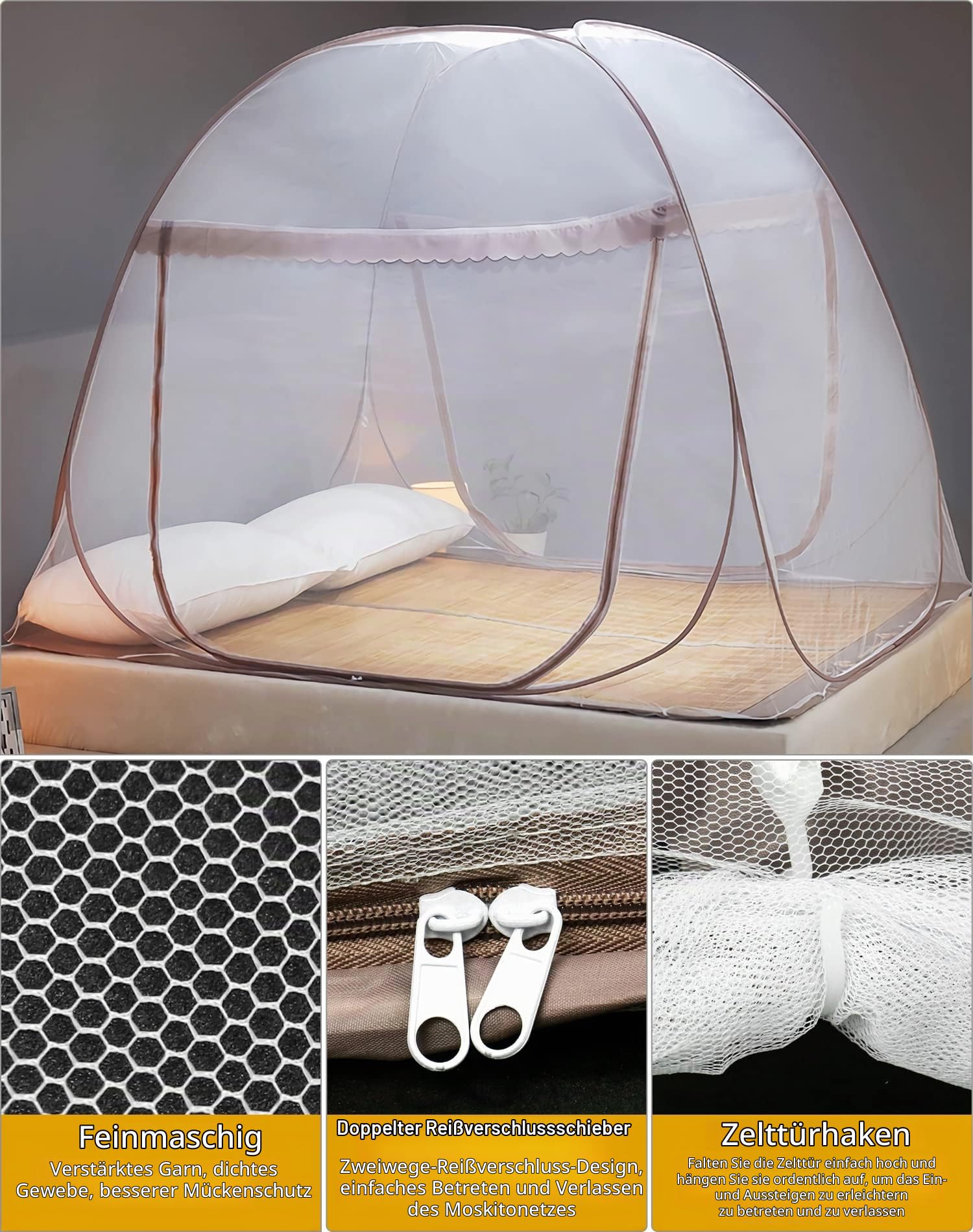QWORK Moskitonetz für Bett, Pop-Up-Moskitonetz, Faltbarer Moskitovorhang mit Doppeltür, 150 x 200 x 150 cm