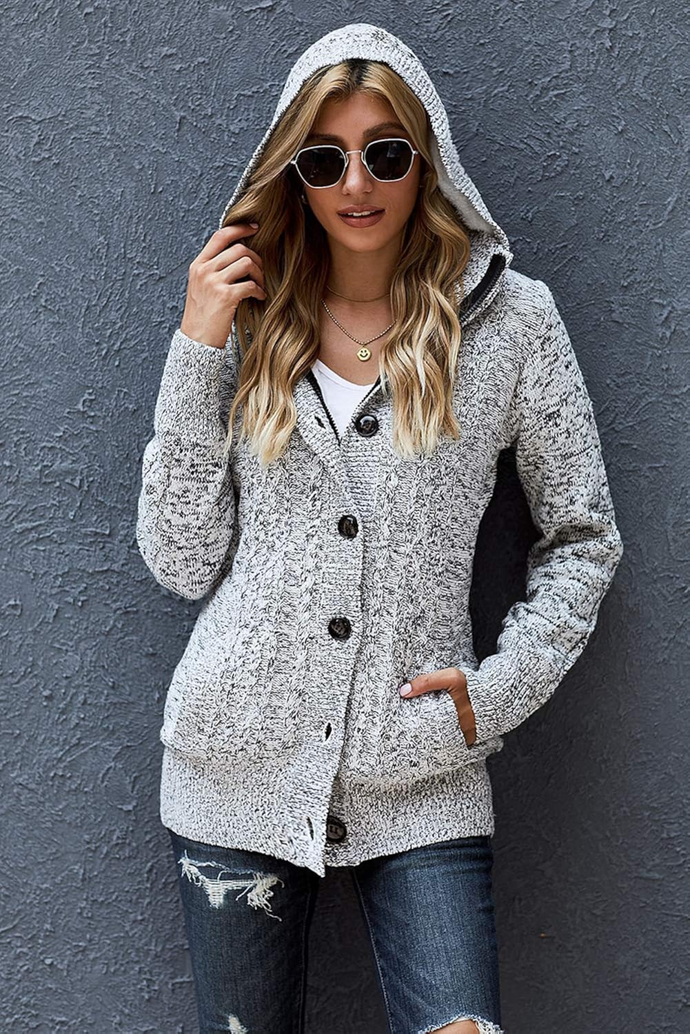 Frее Shірріng Ovеr $50 Sidefeel Women Hooded Knit Cardigans Button Cable Sweater Coat