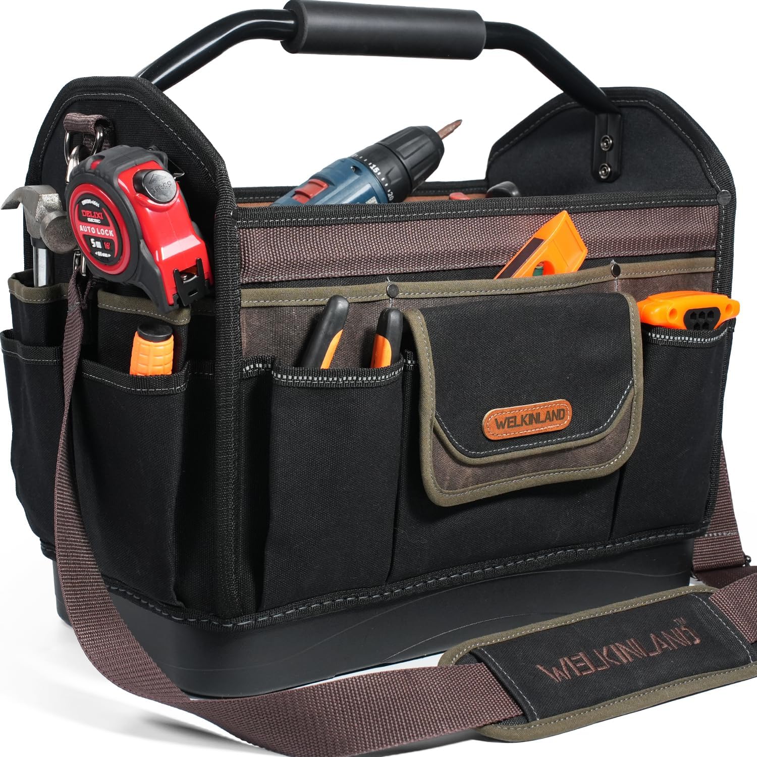 WELKINLAND 16'' Hard-Bottom Tool Tote, 32-Pocket Electrician Tool Bag, Waxed-Canvas HVAC Bag, Stay-Up Open Top Tools Tote, Quick-Access Totes For Electrician, Heavy-Duty Tools Bags For Men