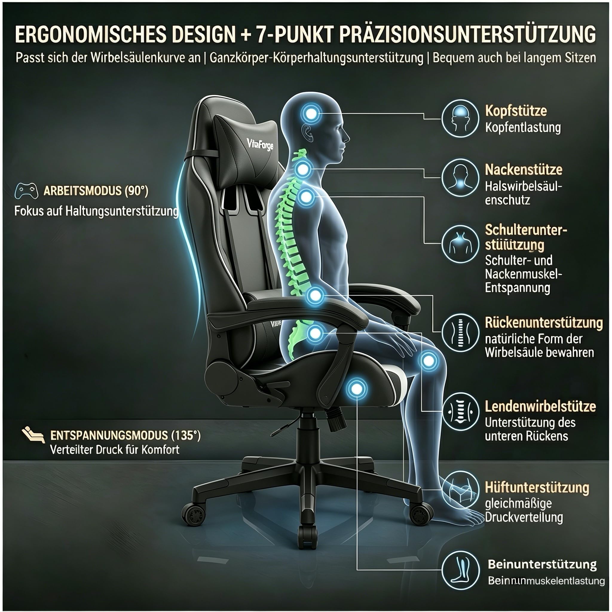 EaseZen Fauteuil Gaming, Fauteuil Bureau avec Support Lombaire Dynamique, Hauteur réglable et accoudoirs, pivotant à 360°, Chaise de Jeu rembourrée pour la Maison et Le Bureau(Noir)