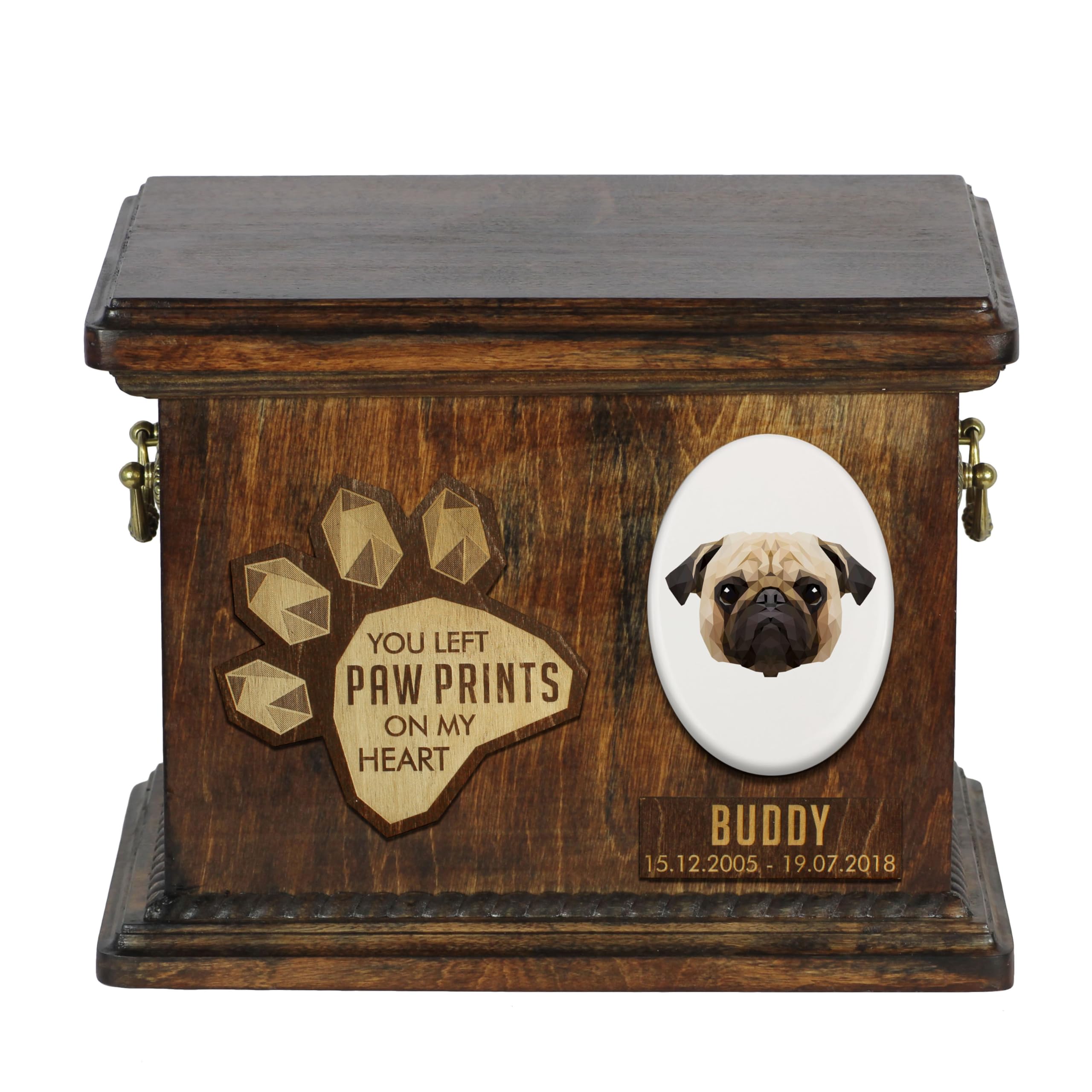 Art-Dog Custom Geometric Dog Memorial Urn - Handmade Wooden Urn – Decorative Ceramic Plate - Custom-made Dog Cremation Box for Ashes - 8,3x11,4x8,7” – Pug — image 1