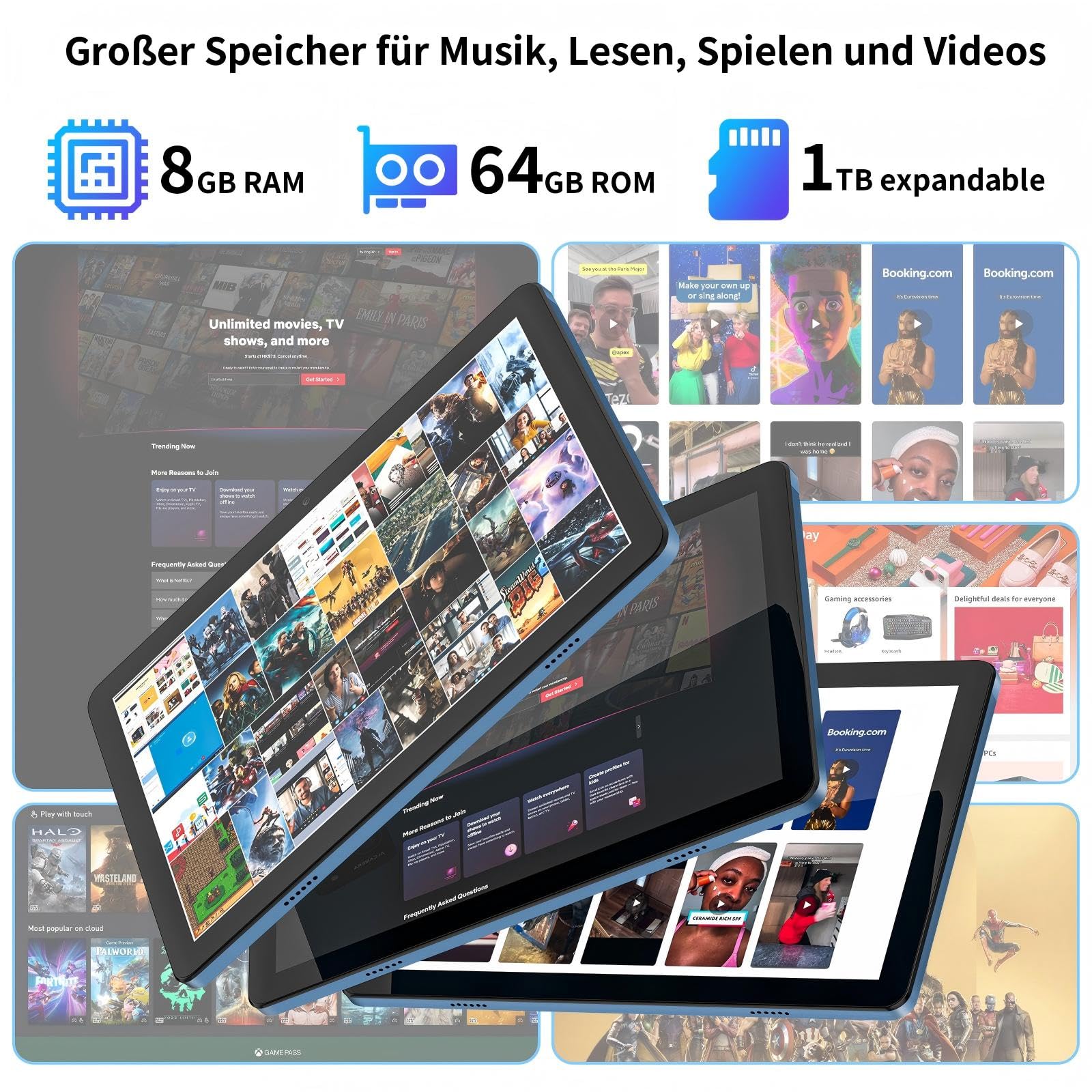 Tablet 10 Zoll Android 15: 2026 Neueste 7000mAh Octa-Core 8GB RAM+64GB 1TB TF Tablet PC WiFi 6 2.4G/5G Bluetooth 5.0 1280 * 800 FHD GMS Dual Kamera mit Tastatur Maus, Typ C, Adapter, Hülle, OTG, Stift
