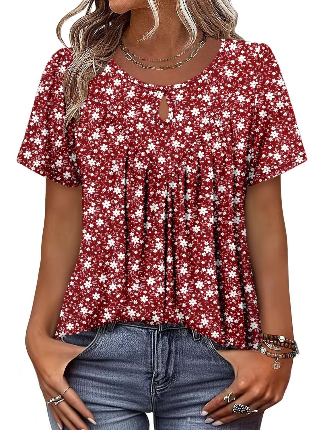 KISSMODA Womens Short Sleeve Tops Floral Boho Shirts Casual Floral Crew Neck Tunic Shirts Summer Ruched Blouse