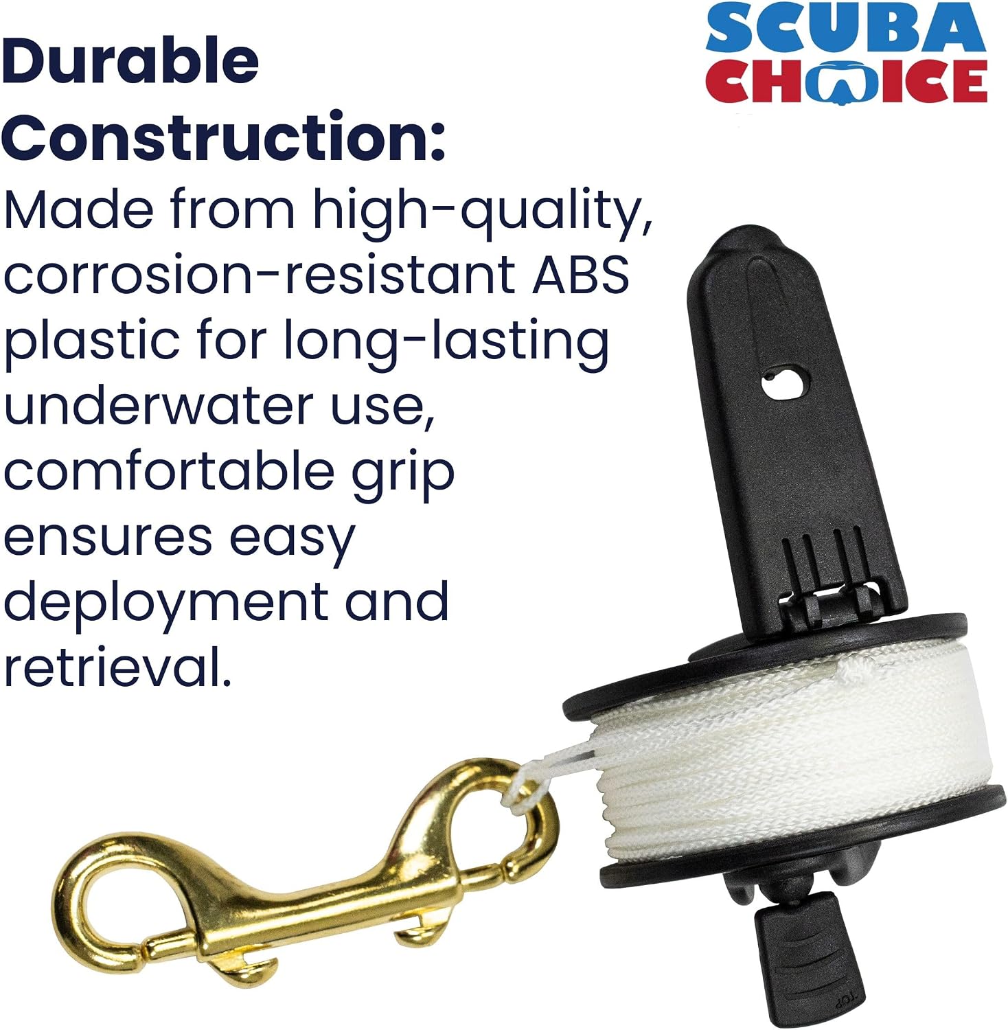 Scuba Choice Finger Spool Reel with Foldable Plastic Handle – 150ft White Line, 4” Brass Double-Ended Clip – Compact Dive Reels for Wreck, Cave & Safety Dives