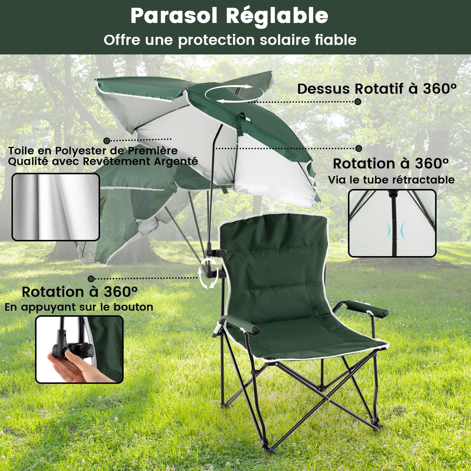 COSTWAY Chaise Pliante Camping avec Parasol Réglable, Chaise de Jardin Exterieur, 2 Sac de Transport, Siège et Dossier Rembourrés, Tissu Oxford 600D, Fauteuil pour Pêche Plage, Charge 150 kg