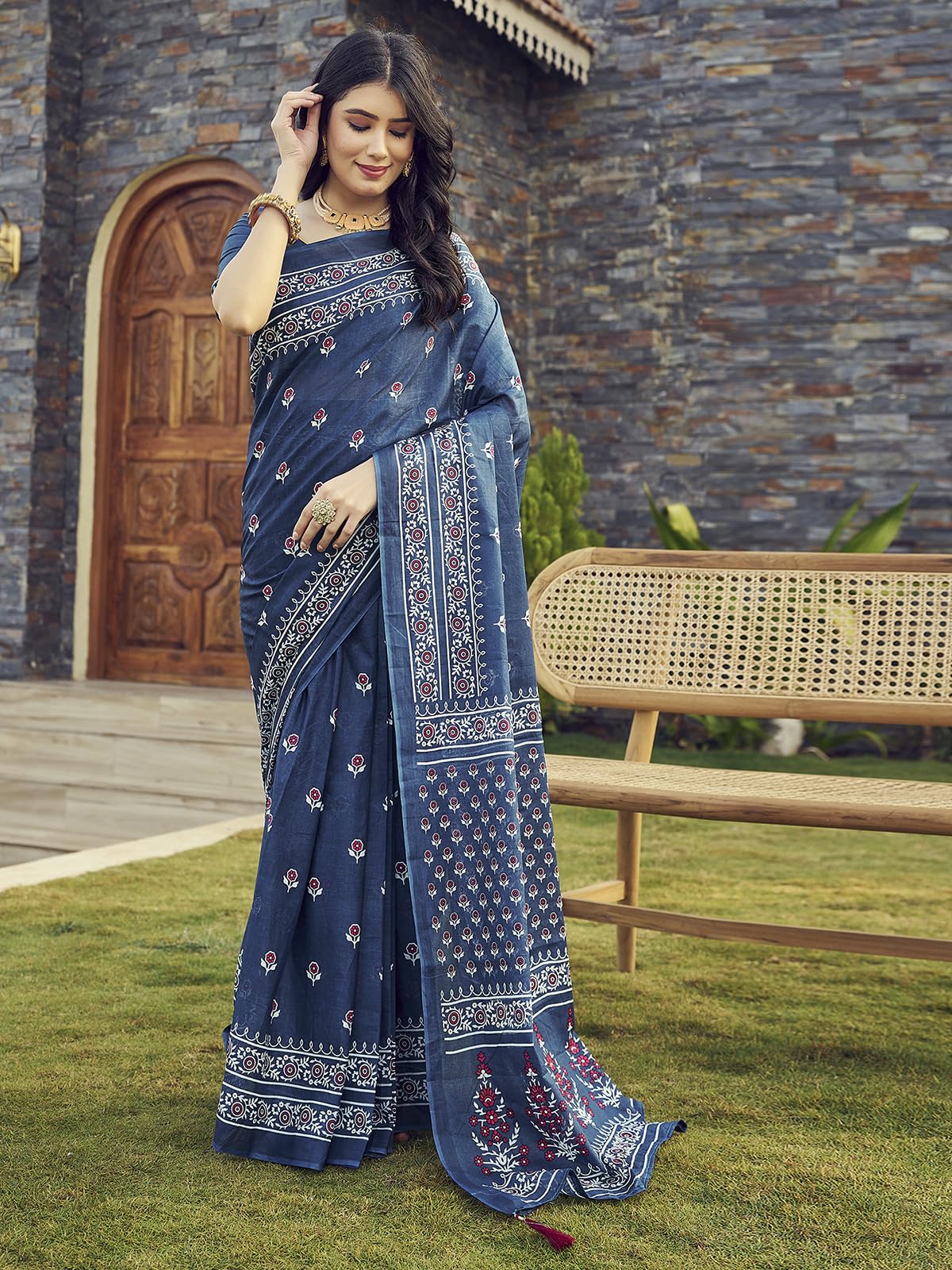 Satrani Women's Cotton Printed Ready To Wear Saree With Unstitched Blouse Piece (7Rs108N_Rama Blue4)