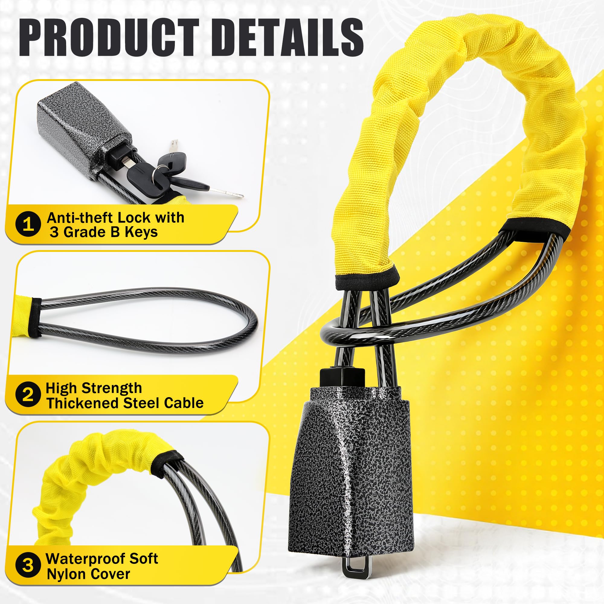 Steering Wheel Lock, Car Steering Wheel Locks, Car Seat Belt Lock with Metal Head, High Visibility Car Lock Anti-Theft Device for Car, SUV, Pickup, Van, RV, 3 Keys (Yellow) - 5