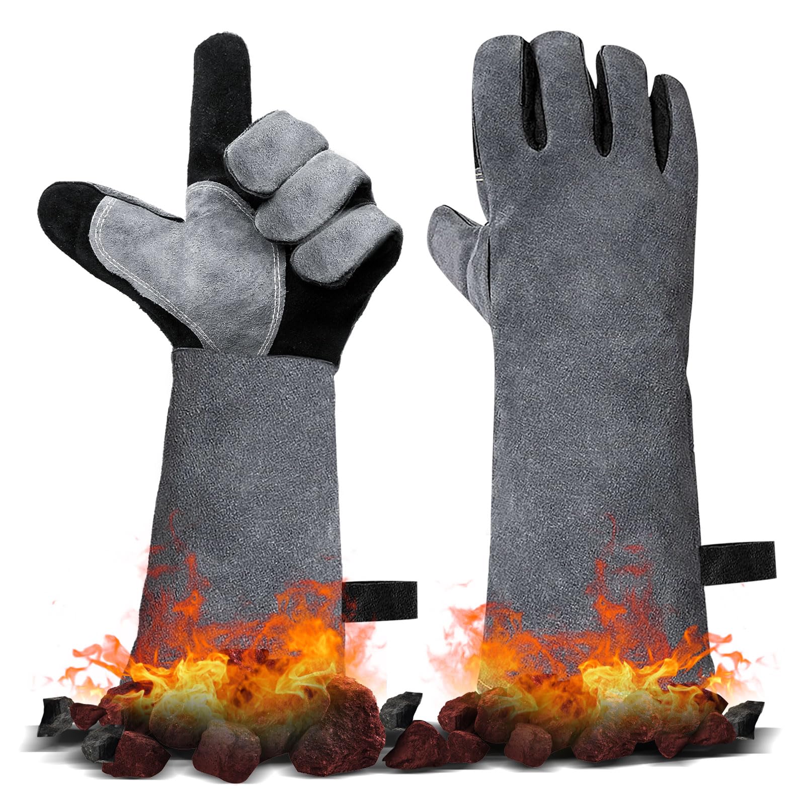 Hitzebeständiger Leder Grillhandschuhe, Kaminhandschuh, Ofenhandschuhe, Backhandschuhe, Kaminhandschuhe Feuerfeste Hitzeschutz Handschuhe, Schweißhandschuhe, 40x20CM, 1 Paar, Grau Garten