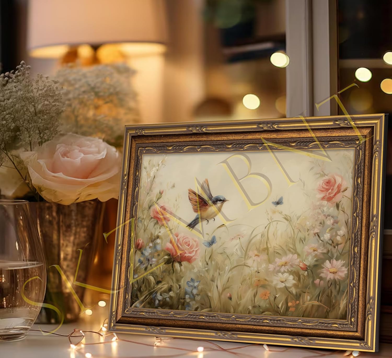 Vintage Gold Framed Bird Canvas Wall Art Vintage Plant Bird Prints Sketch Spring Floral Wall Decor Wildflower Meadow Beige Plants Style Poster Print Artwork for Living Room Bedroom Home Decoration