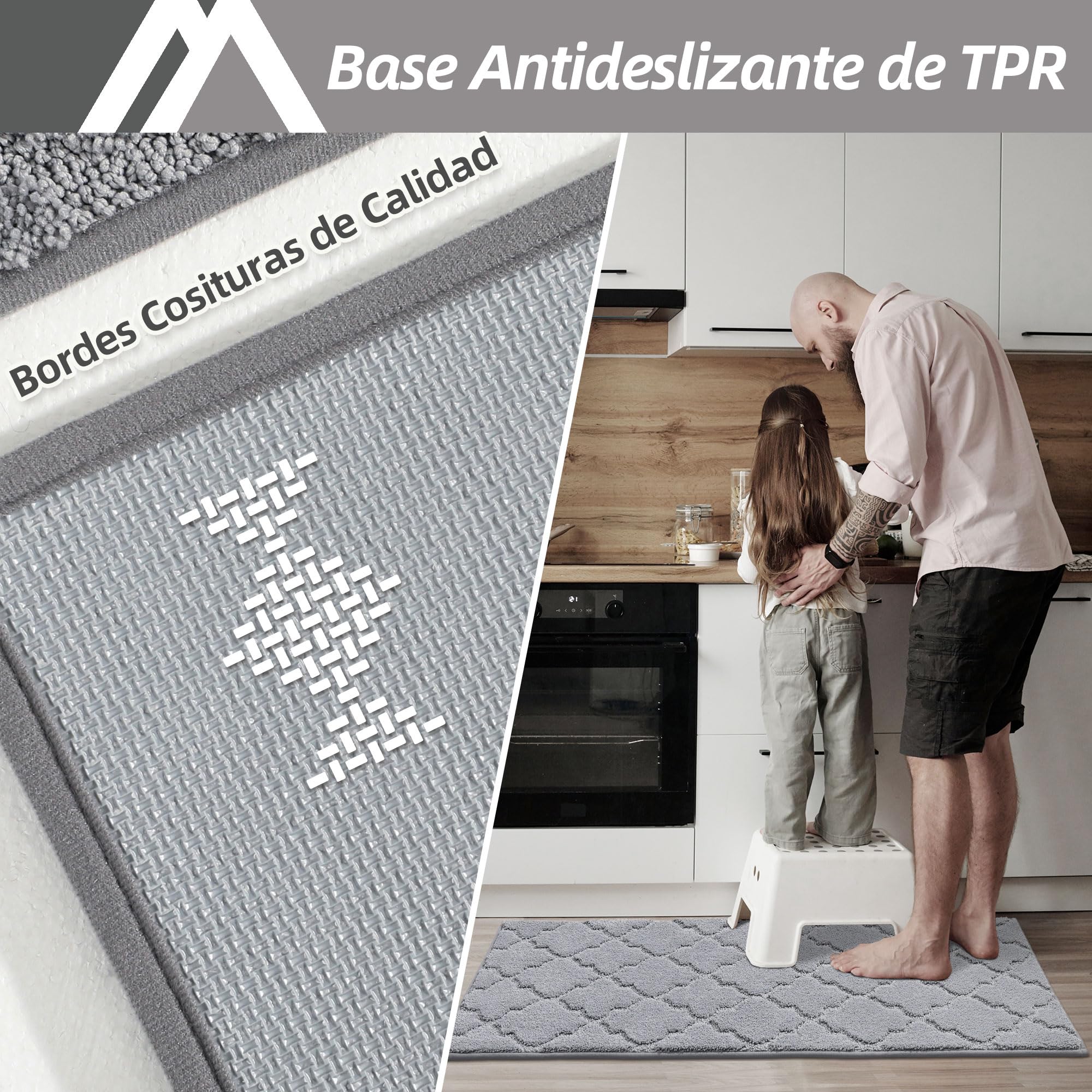 COSY HOMEER Alfombra de Cocina Antideslizante Lavable, Set de 2 Unidades (51 x 76 cm + 51 x 122 cm), Alfombra para Pasillo y Cocina, Ideal para Sala de Estar, Gris