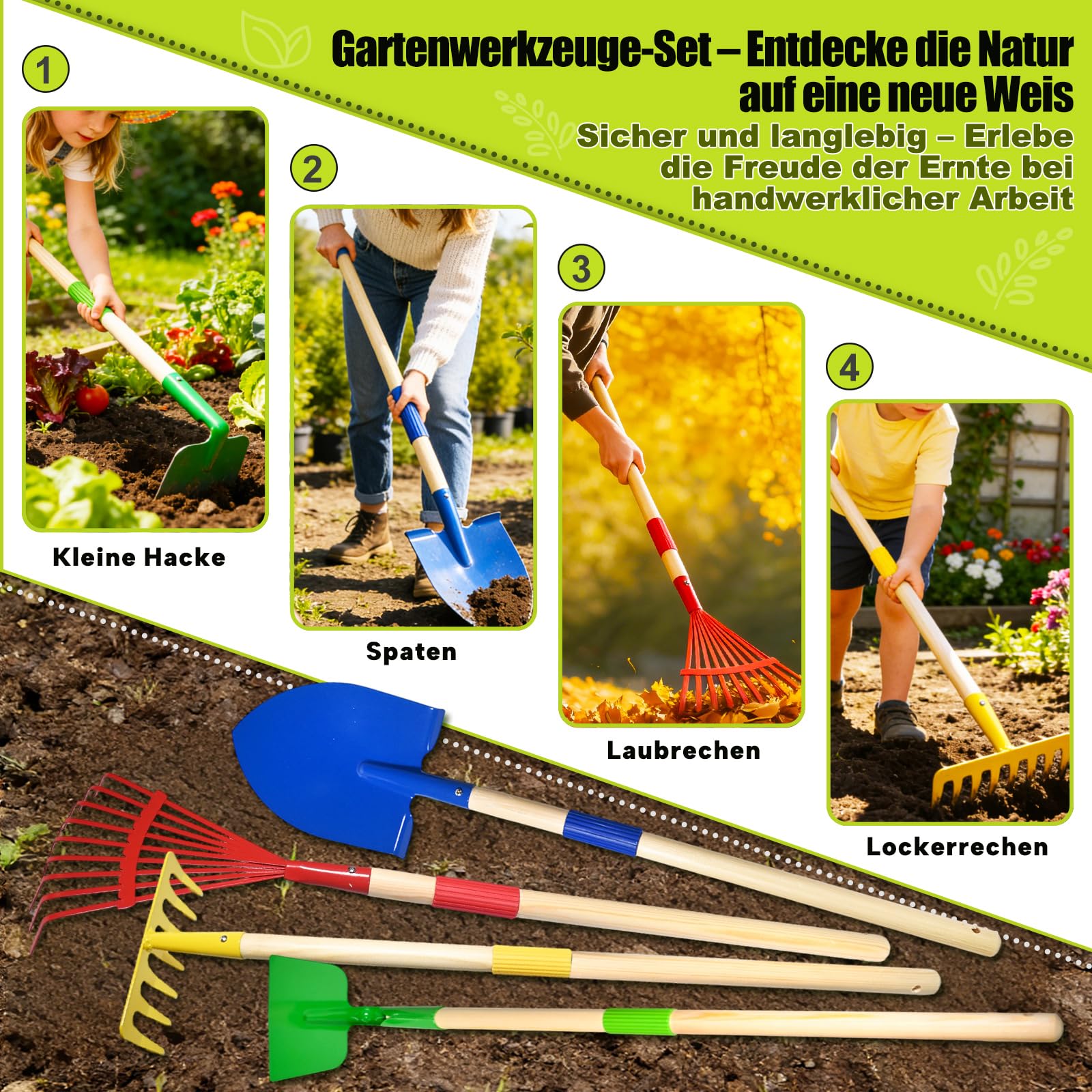 Kit Jardineria Niños, 10pcs Herramientas Jardin Set con Pala, Rastrillo, Tenedor, Guantes de Trabajo, Herramientas de Jardín (B)