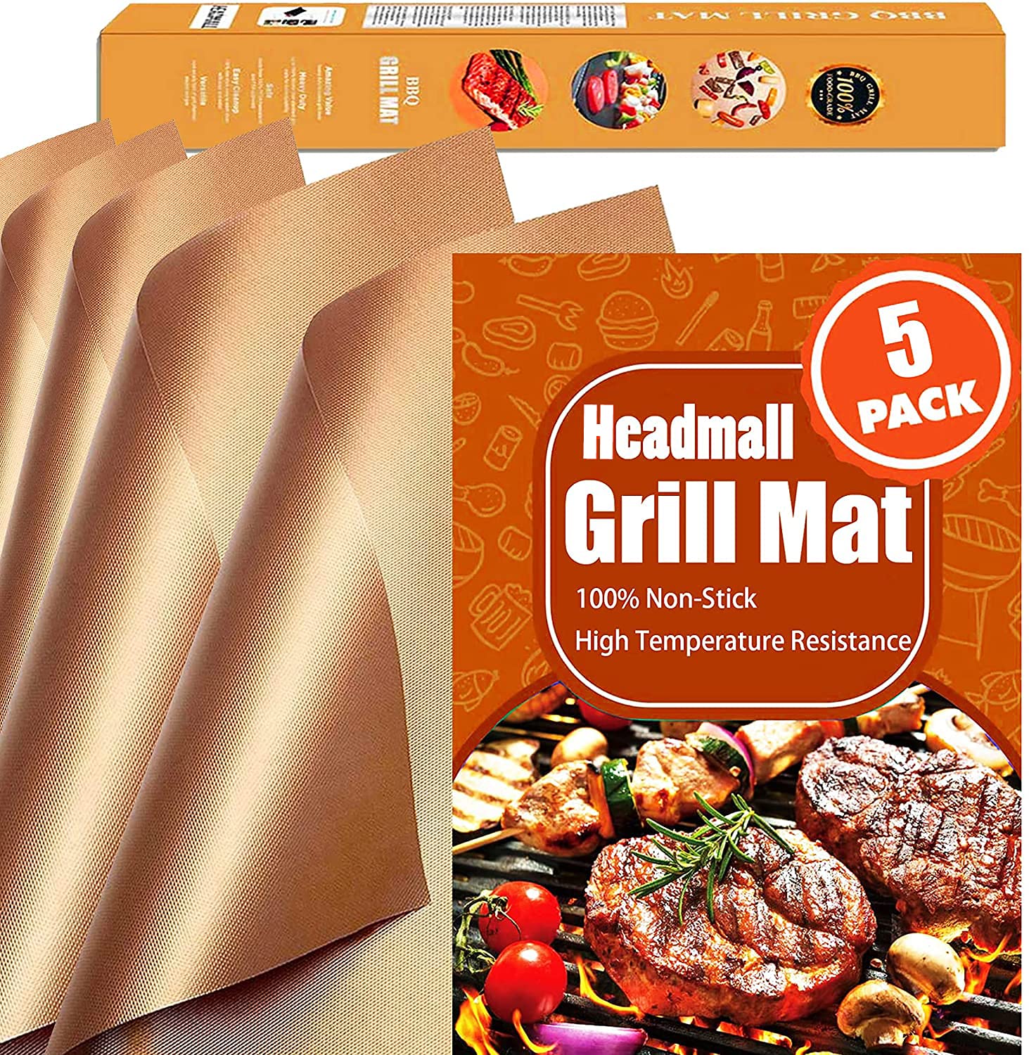 HEADMALL Copper Grill Mat Set of 5, NonStick BBQ Grill Mats, Durable