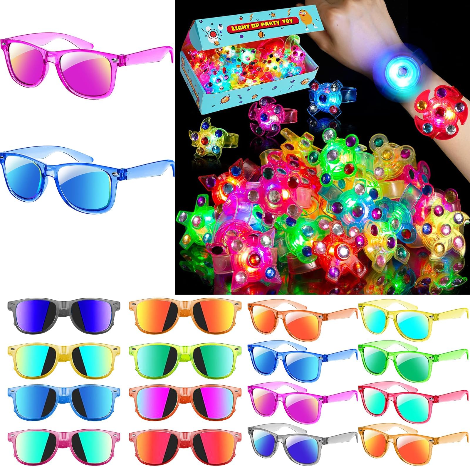 24 Pack LED Light Up Fidget Spinner Bracelets and 24Pack Kids Sunglasses Party Favors for Kids Goodie Bag Stuffers Return Gift Birthday Graduation Party Supplies Beach Pool Party Favors