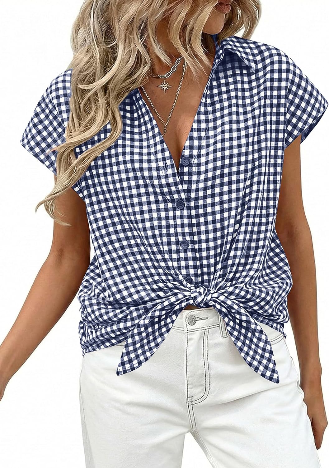 PRETTYGARDEN Womens Short Sleeve Shirts Plaid Button Down Blouse Dressy Casual 2026 Summer Spring Business Gingham Work Tops - Image 2
