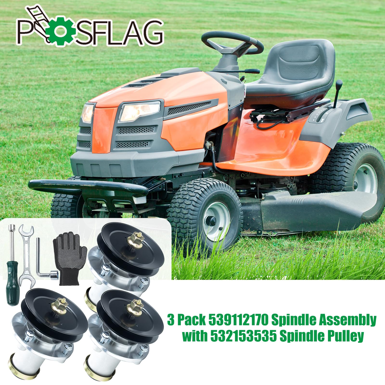 POSFLAG 3 Pack 539112170 Pre-greased Spindle Assembly with 532173436 Pulley Replaces 539112170 Mandrel Assembly, 539112170 Husqvarna Spindle Assembly,153535 for Husqvarna MZ5225 MZ 52 RZ4824F Tractors