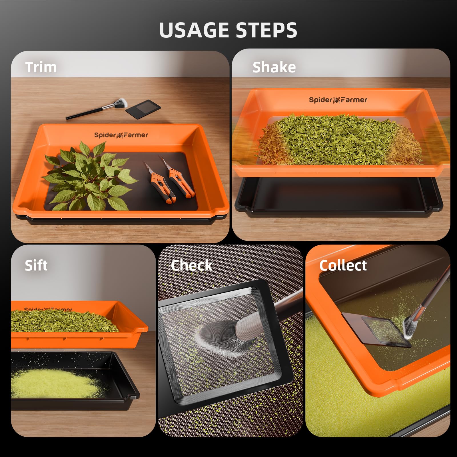 Spider Farmer Trim Tray Set mit 150 Mikron Pollensieb, Trimmschale & Ernte Zubehör, Dry Sift Sieb – Trimm-Set mit Auffangschale, Schere, Bürste & Lupe für sauberes und effizientes Trimmen