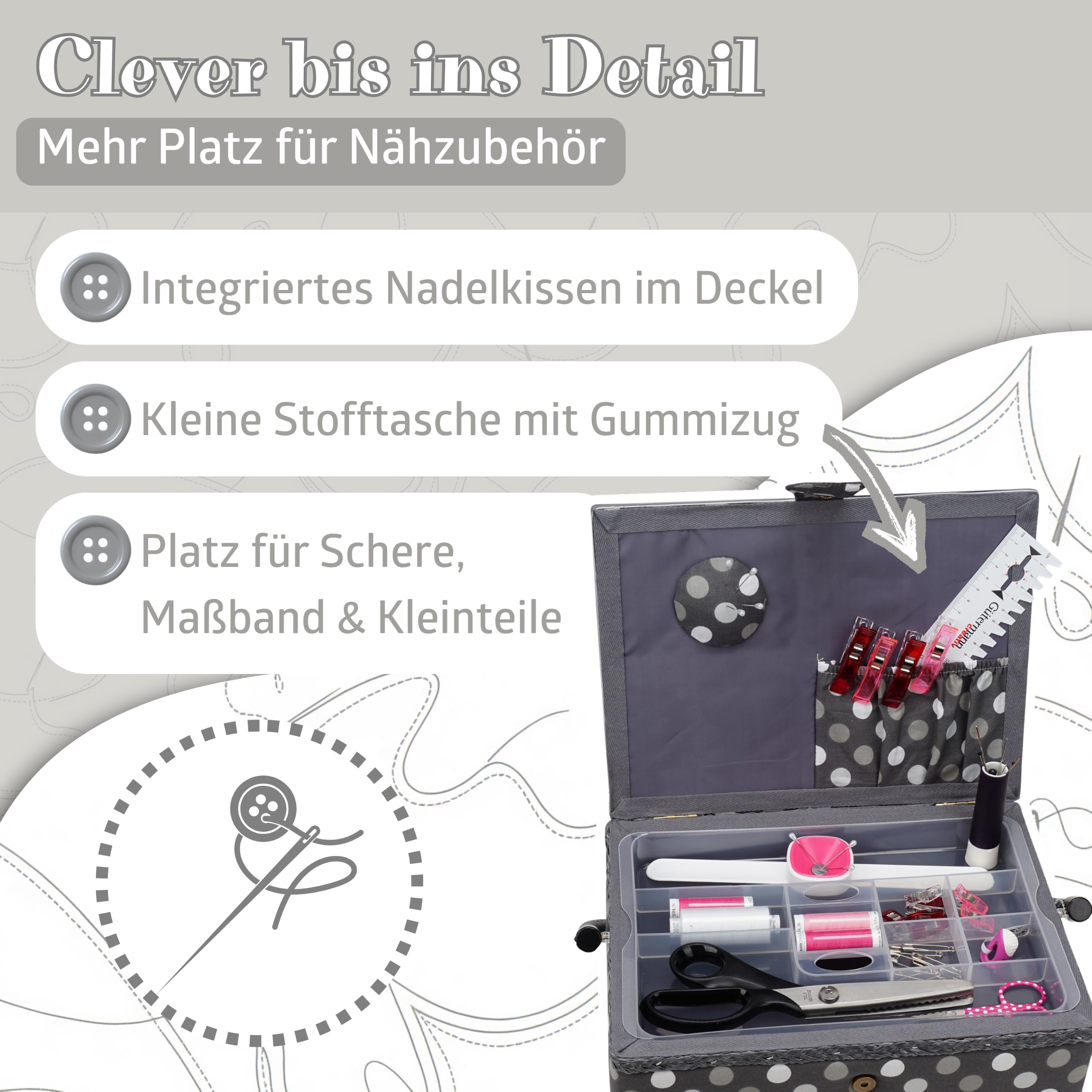 SEMPLIX Nähkorb Größe L gefüllt (30x22x19cm) - kompatibel mit Prym NähzubehörSet/Nähsortiment (im Lieferumfang enthalten) - Polka Dots anthrazit/grau