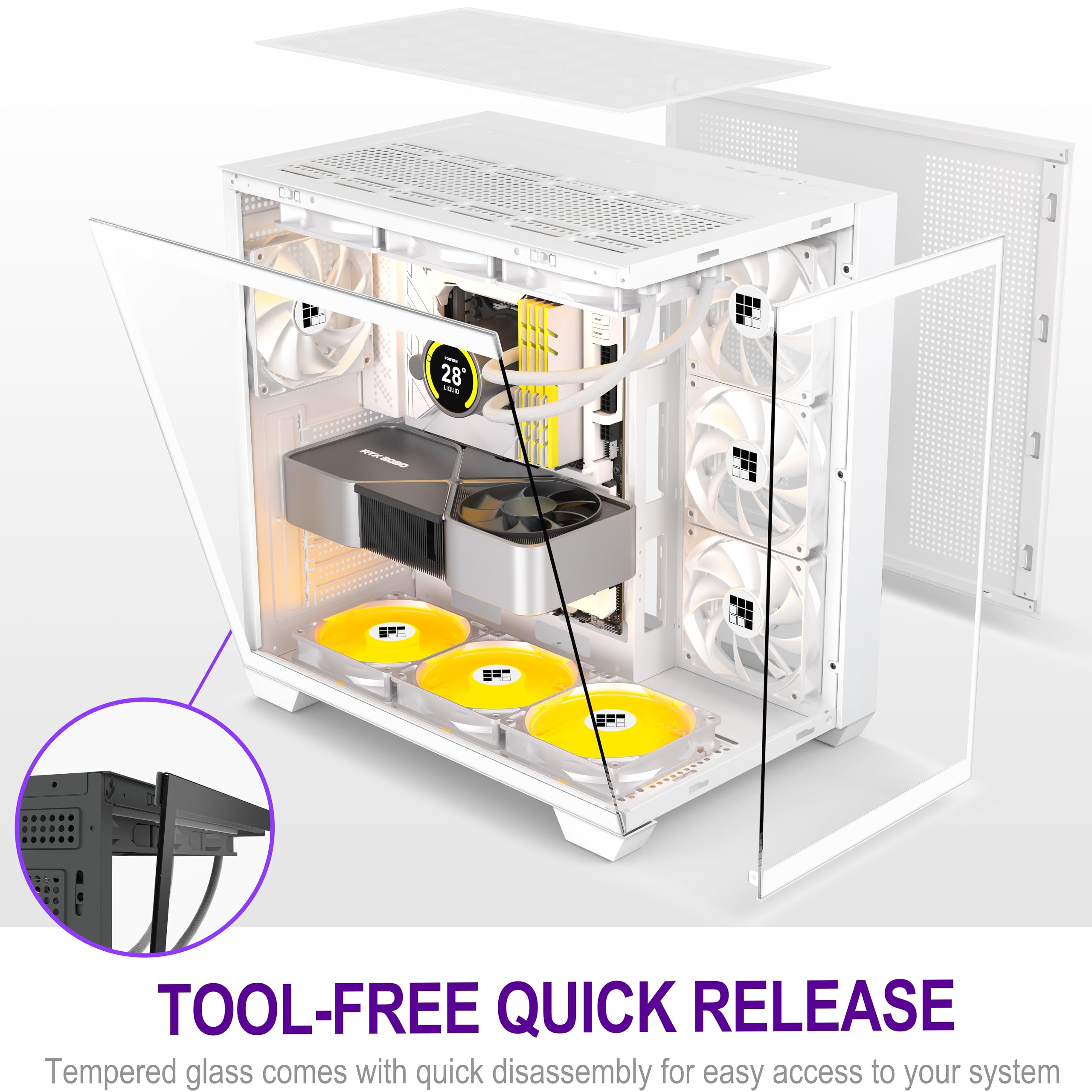 F300 PC Case - Pre-Installed 4 No RGB Fan, ATX Mid-Tower Gaming PC Case, 270° Panoramic Glass with Type-C, FOIFKIN (White)