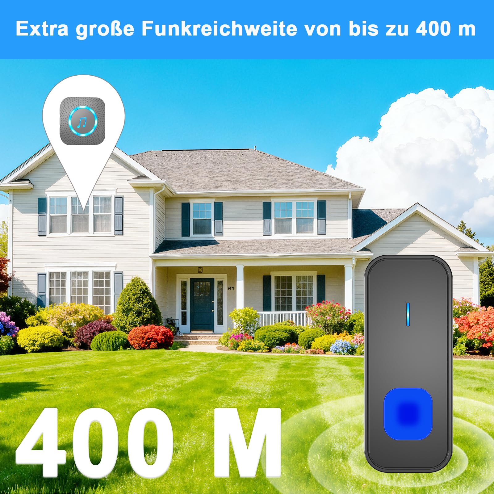 AIMAX Funkklingel mit 2 Sender und 3 Empfänger,klingel Haustür kit,400m Hohe Reichweite, IP55 Wasserdicht, 55 Klingeltöne, 5 Lautstärkestufen Mit LED-Blitz,kabellose Installation,Schwarz