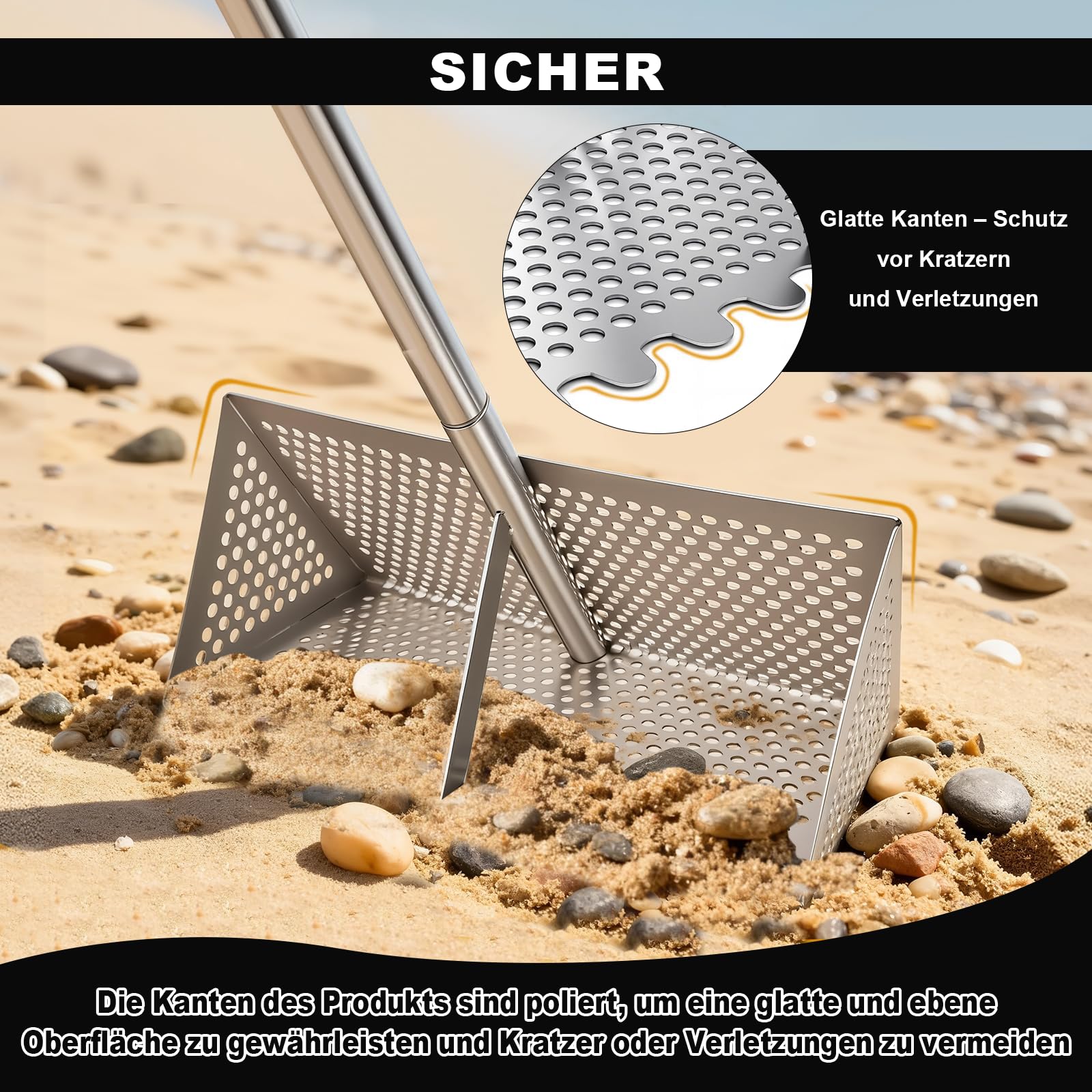 Colador de arena para playa de acero inoxidable con mango largo extraíble | Cubo plegable, pala y red, juego de rastrillo de arena para playa, pesca, camping y exterior