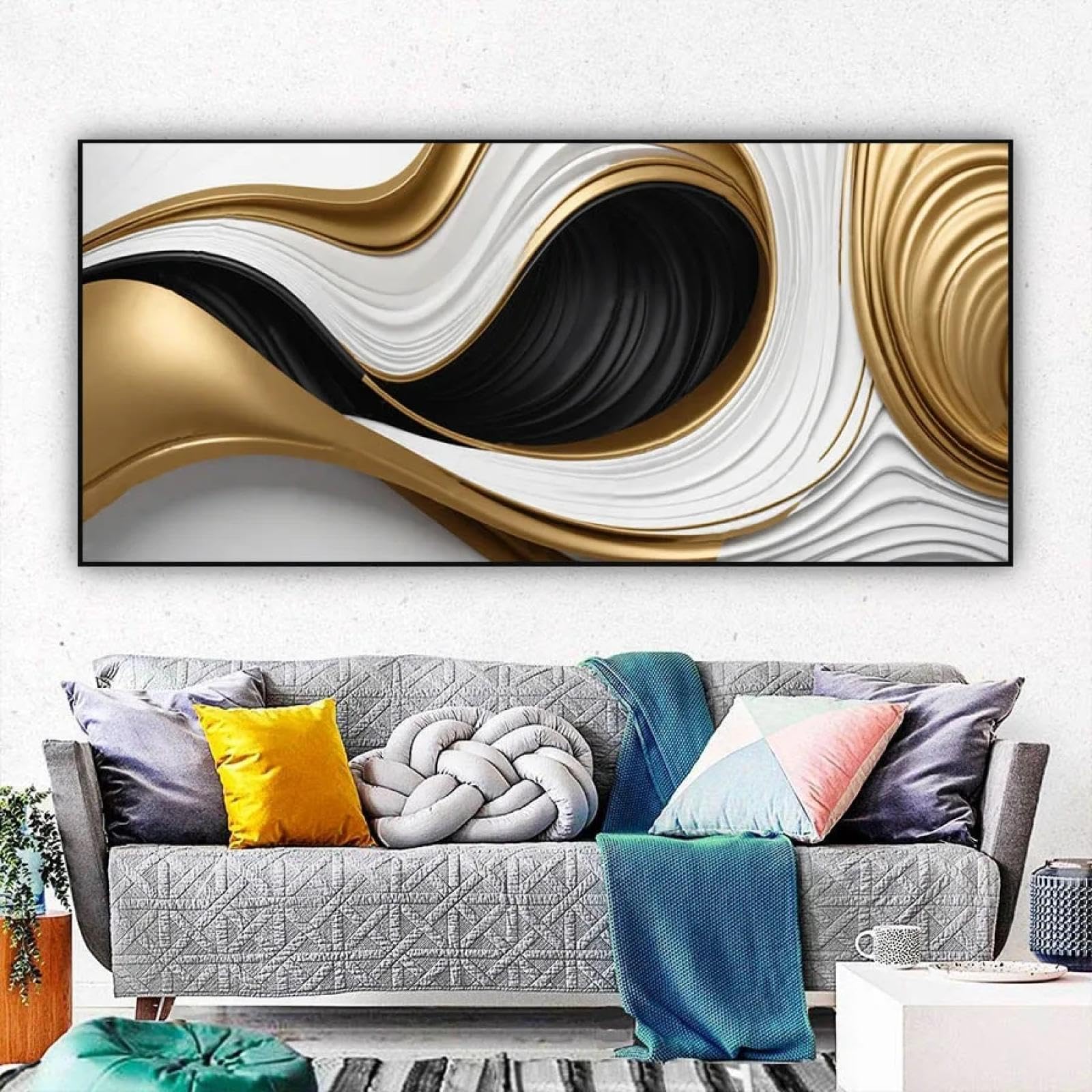 BMGKYAGL Black Golden White Line Abstract Poster And Prints, Wall Art Pictures, Canvas Painting For Living Room Home Decor 60x120cm Frameless