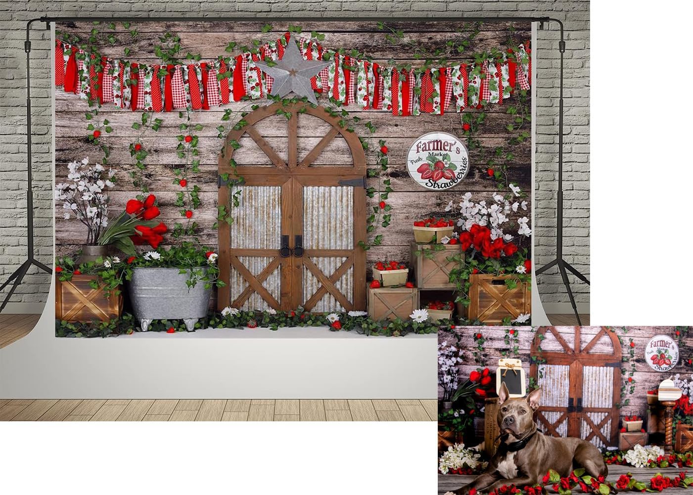 Kate 7x5ft Spring Farmer's Market Fresh Strawberry Photography Backdrops Red Rose Wooden Wall Colored Ribbon Farm Barn Door Photobooth Background Props Baby Shower Shooting Props