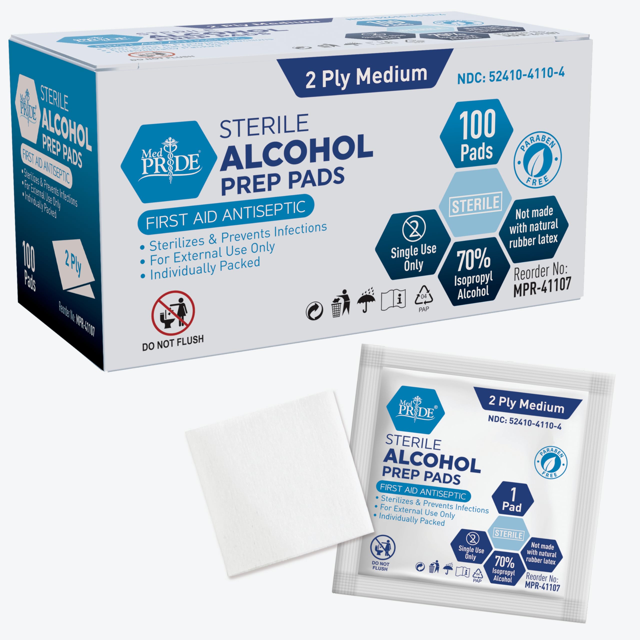 Alcohol Prep Pads| 100 Pack| Medical-Grade, Sterile, Individually-Wrapped, Isopropyl Cotton Swabs| Disposable, Medium Square Size, 2ply, Latex Free & Antiseptic| for First-Aid Kits
