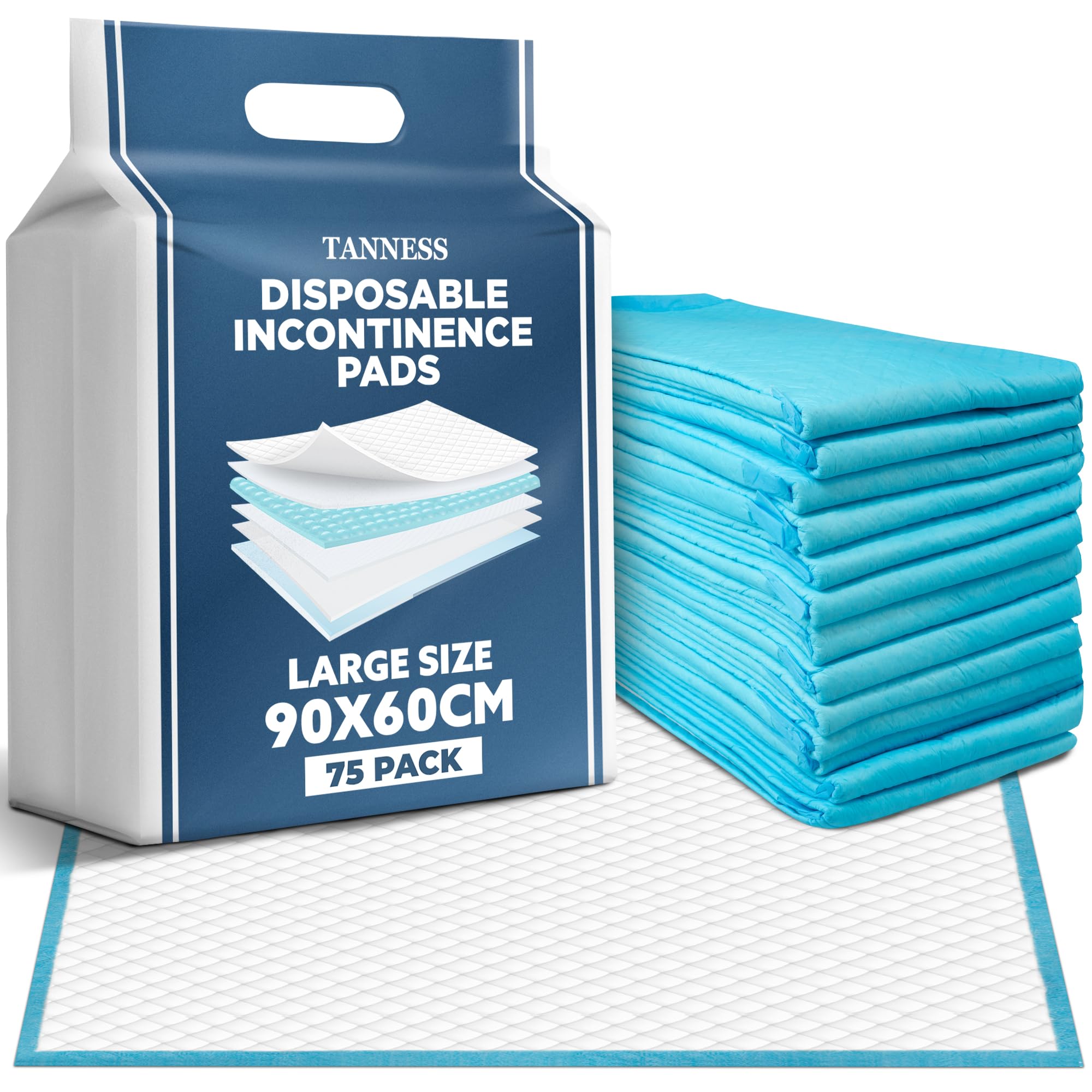 Tanness Women's Blue 75 X Disposable Incontinence Bed Pads - 90X60cm Incontinence Pads And Men - Waterproof Sheet, Bed Wetting Mats W/ Self-Adhesive Tabs - Disposable Changing Mats Baby