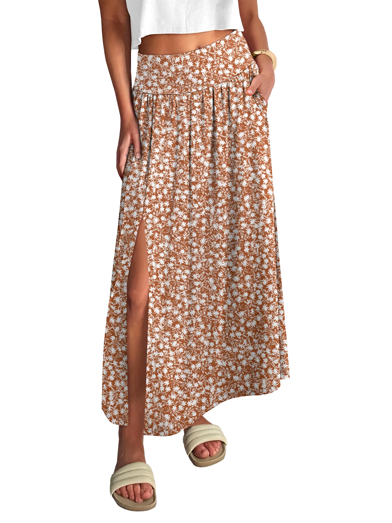 ANRABESS Maxi Skirts for Women Summer Trendy Elastic High Waisted Casual Boho Floral Slit Flowy Skirts with Pockets