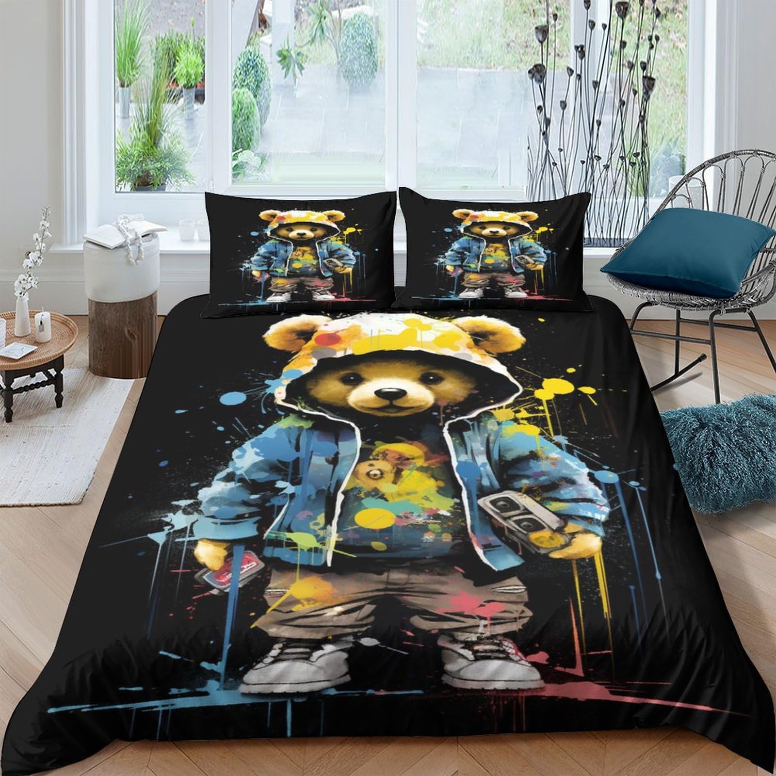 Housse de couette ours peint pour chambre double, linge de lit doux et cocooning