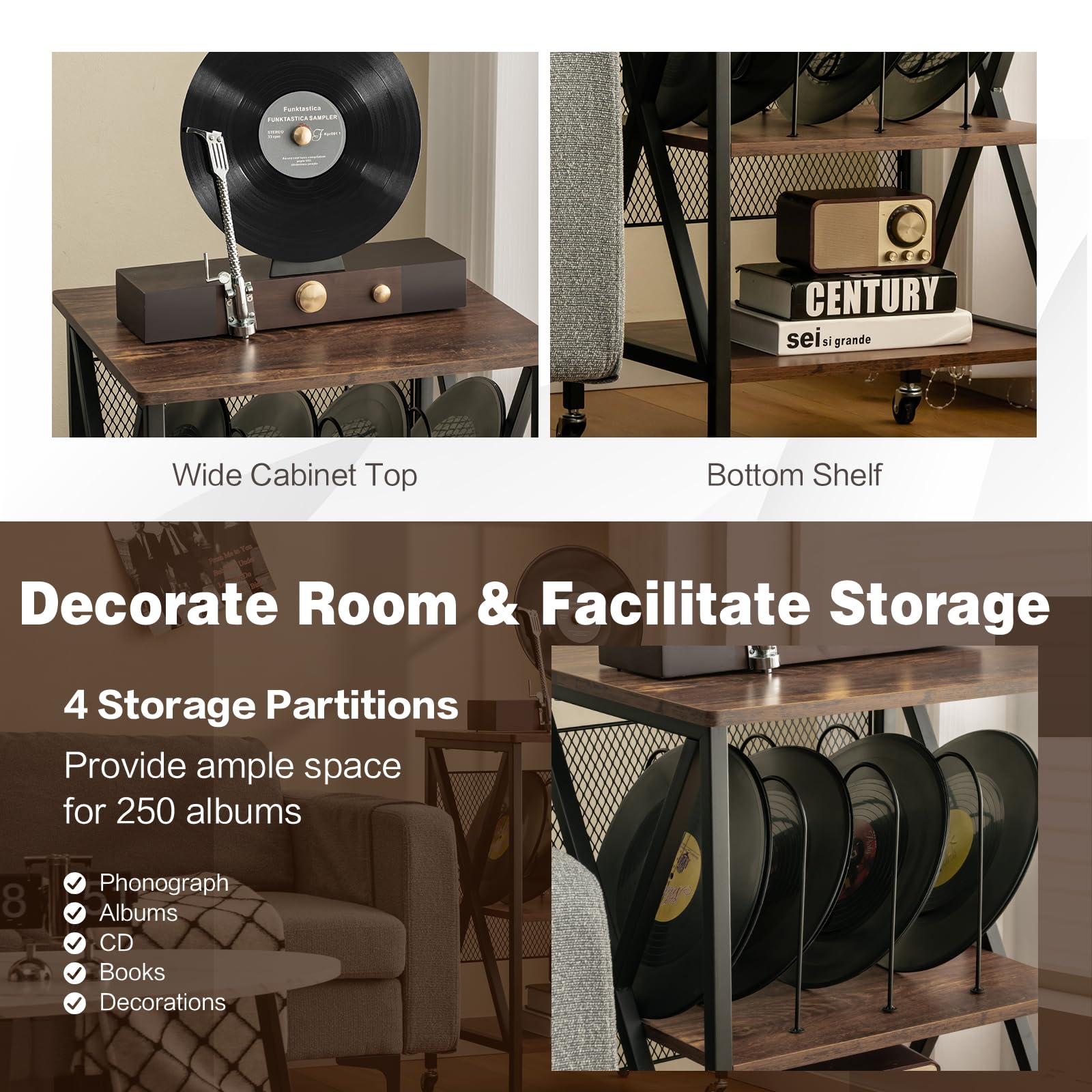 KOMFOTTEU Mueble para Tocadiscos con 4 Ruedas, Mesa para Tocadiscos de 3 Niveles con 3 Divisores, Soporte para Discos de Vinilo para 120 Álbumes, para Oficina, Salón (Marrón, sin Estación de Carga)