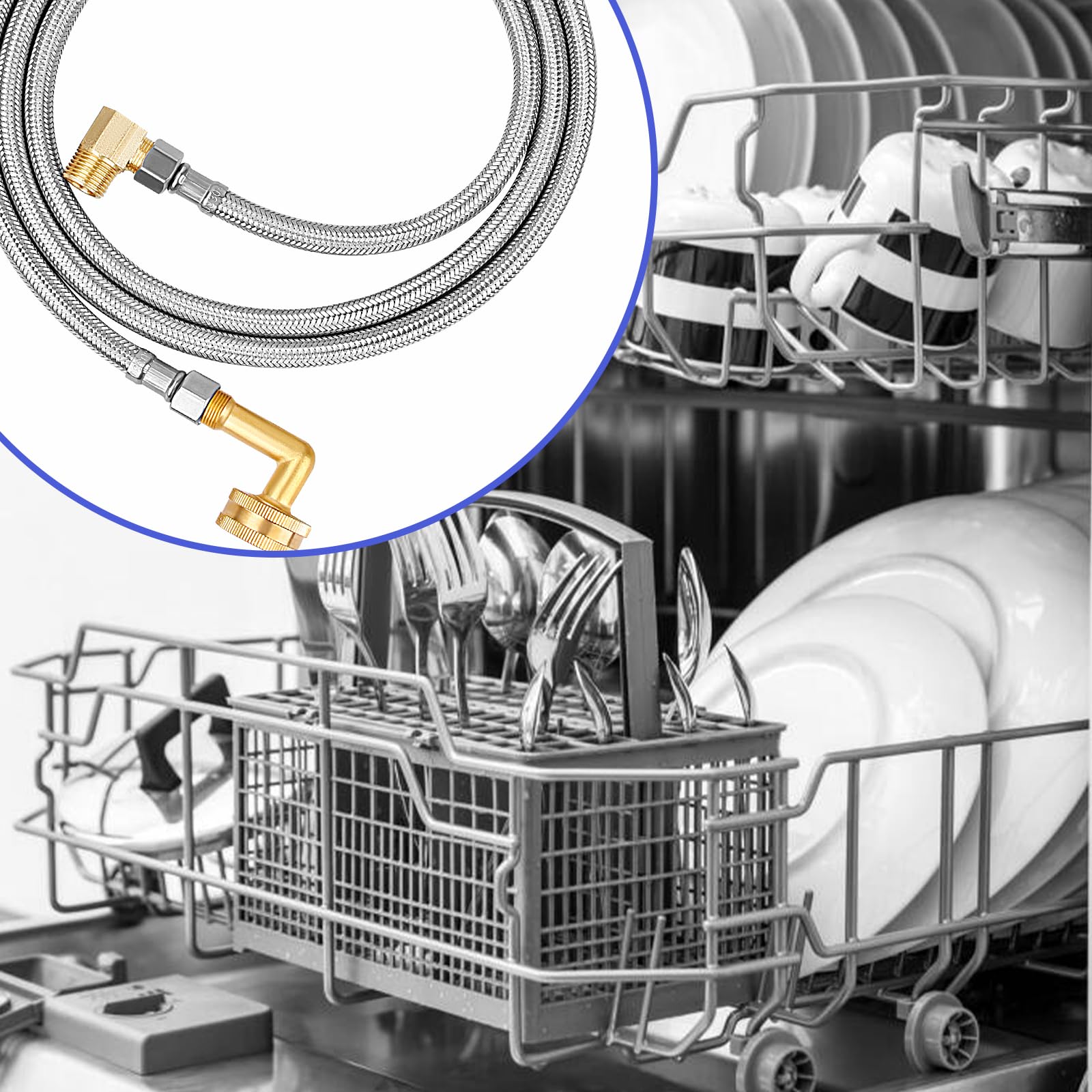 Kit de instalación de lavavajillas de 6 pies, conectores trenzados de acero inoxidable para lavavajillas, línea de suministro de compresión de 3/8 pulgadas, conexión de corta distancia